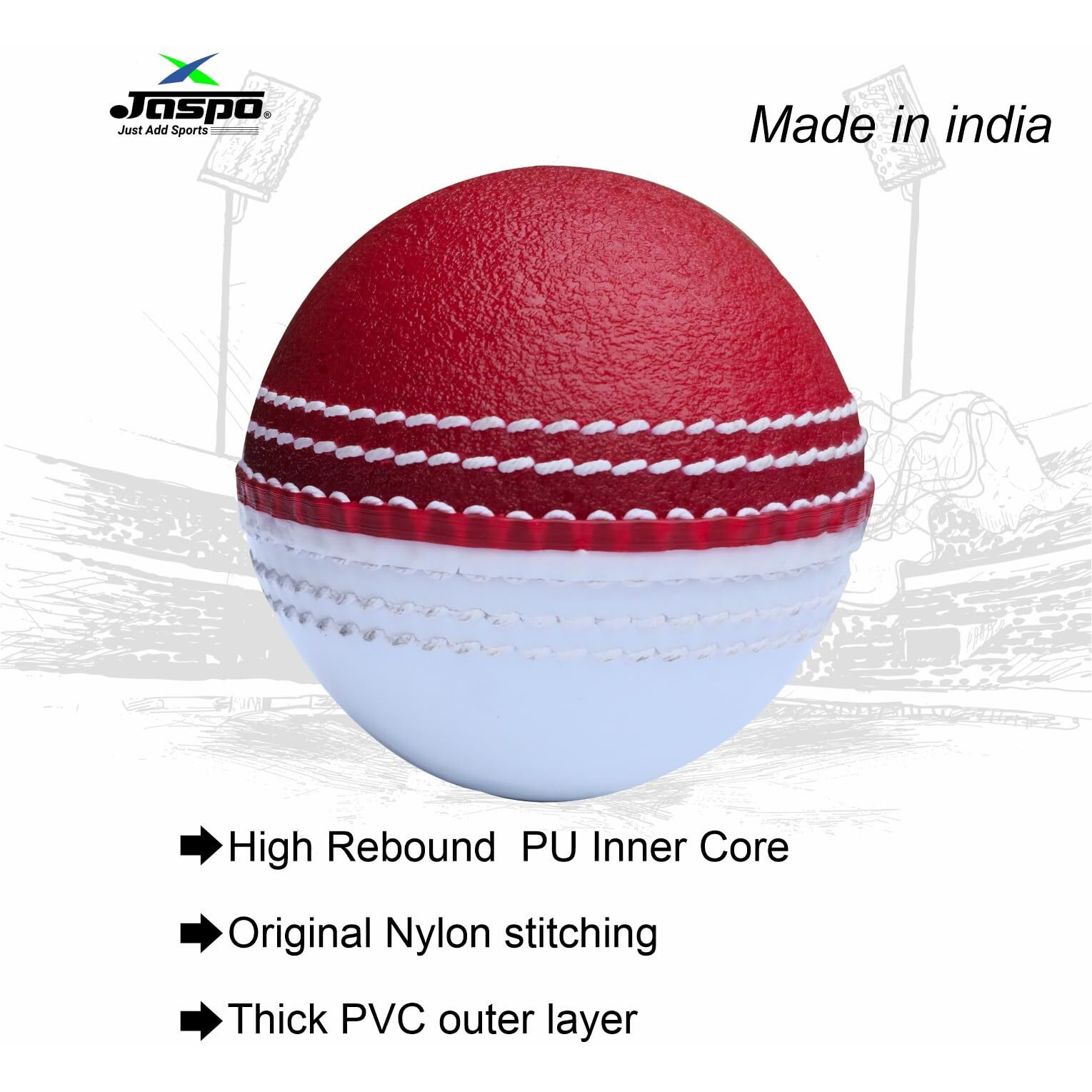 jaspo Rugged Dual-Color incredi Cricket Ball - Red & White, Nylon Stitched, PVC Exterior, High-Rebound PU Core - Ideal for Training & Matches (Dual Colour-Ball (Pack of 1))
