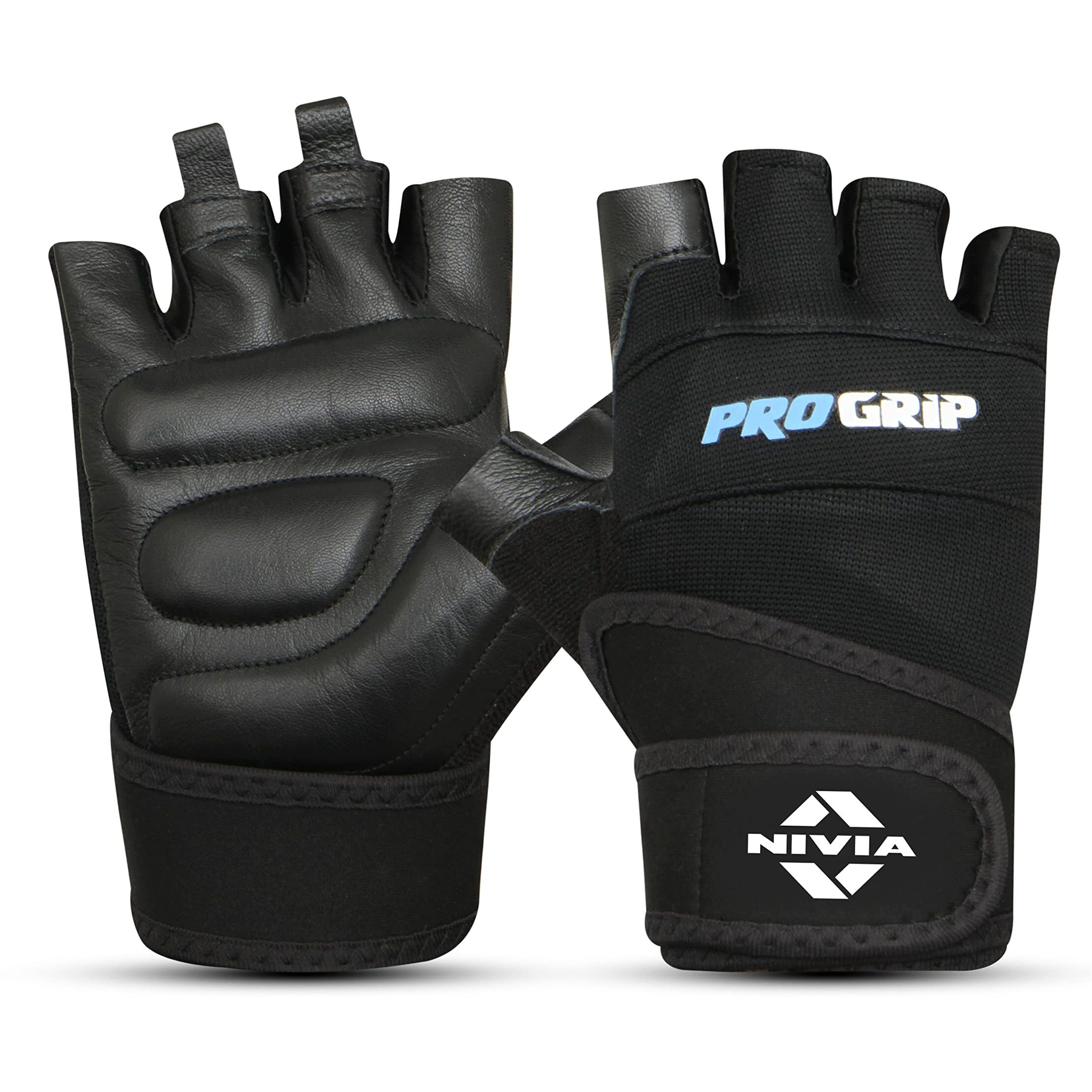 Nivia Pro Grip Genuine Leather Gloves,Gym Gloves for Men and Women Weightlifting Gloves,Stretch Fabric with Neoprene Strap, 1/2 Finger Durable Wight Lifting Gloves - Black(Medium)
