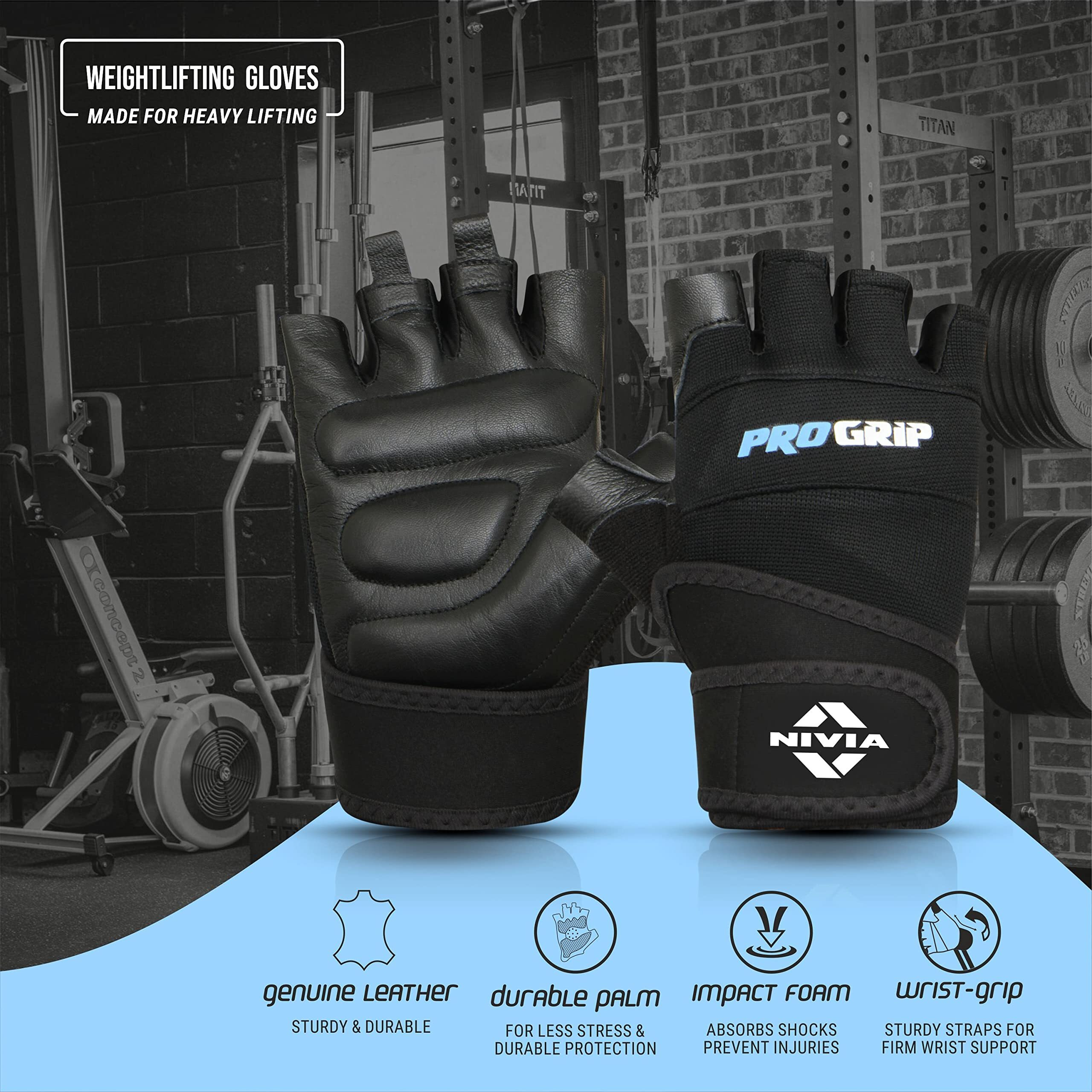 Nivia Pro Grip Genuine Leather Gloves,Gym Gloves for Men and Women Weightlifting Gloves,Stretch Fabric with Neoprene Strap, 1/2 Finger Durable Wight Lifting Gloves - Black(Medium)