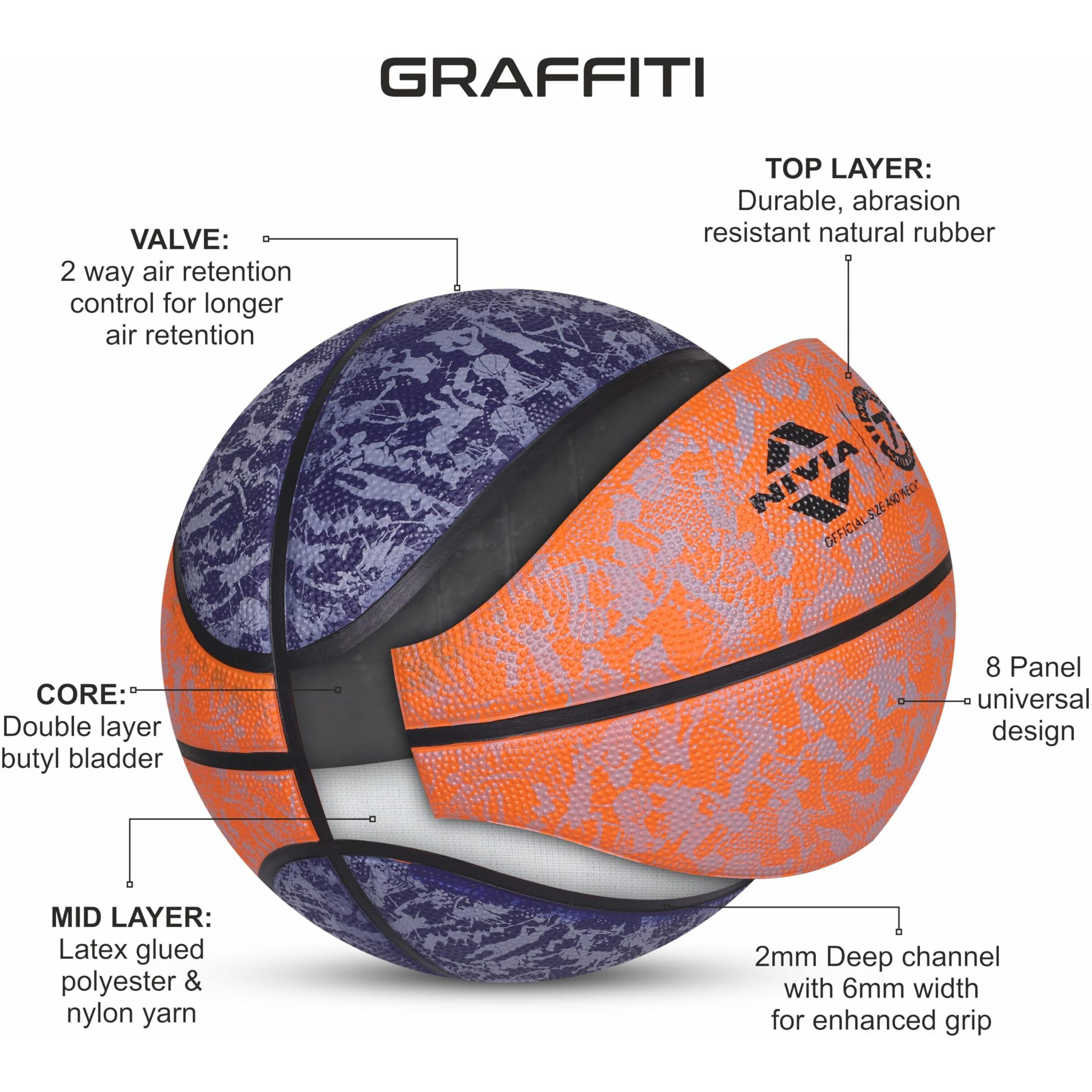 Nivia Graffiti Basketball/Material Rubber/Rubberized Moulded/Panel 8/Suitable for Indoors Matches/Size - 7 (Blue/Orange)