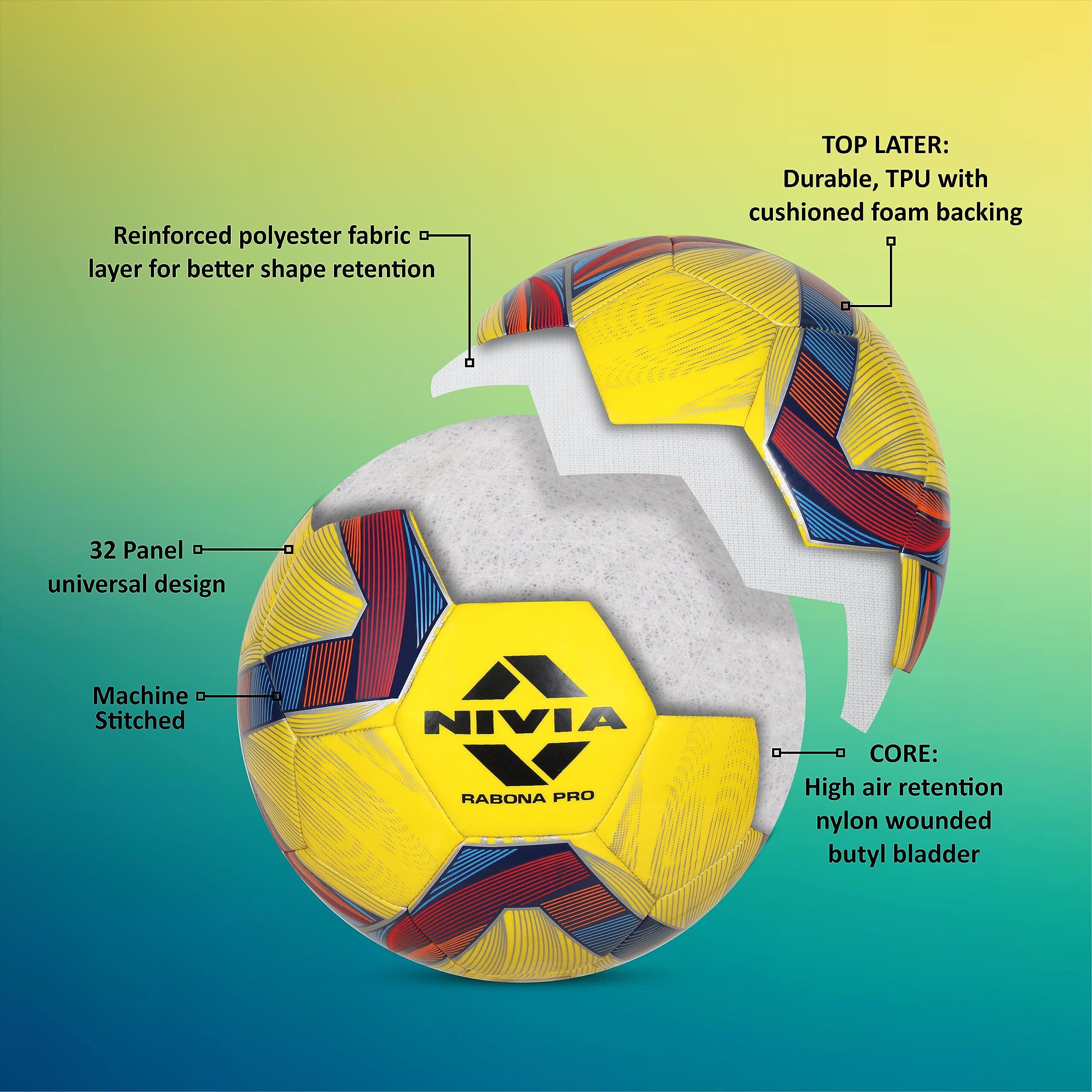 Nivia Rabona Pro Football/TPU Stitched/32 Panel/Suitable for Soft & Dry Ground/International Match Ball/FIFA Basic Football for Men/Women (Yellow) Size-5