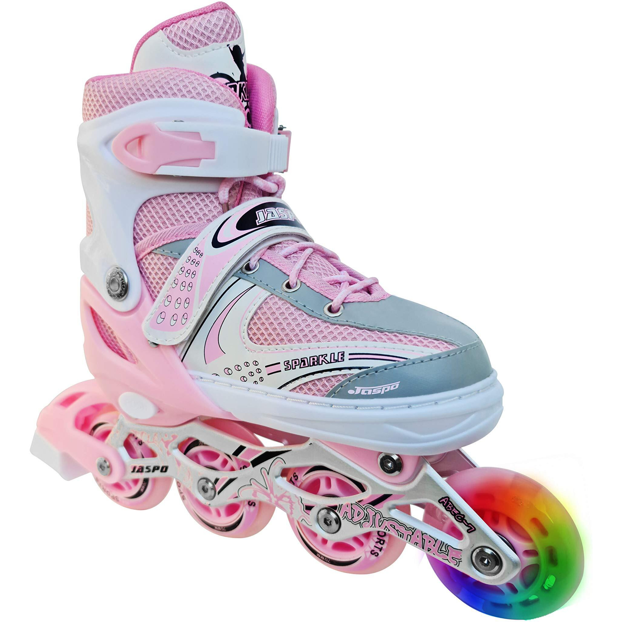 Jaspo Sparkle Adjustable Inline Skates with Front Light up Wheels Beginner Skates Fun Illuminating Roller Skates for All Boys and Girls (Pink, Small (11-2 UK))