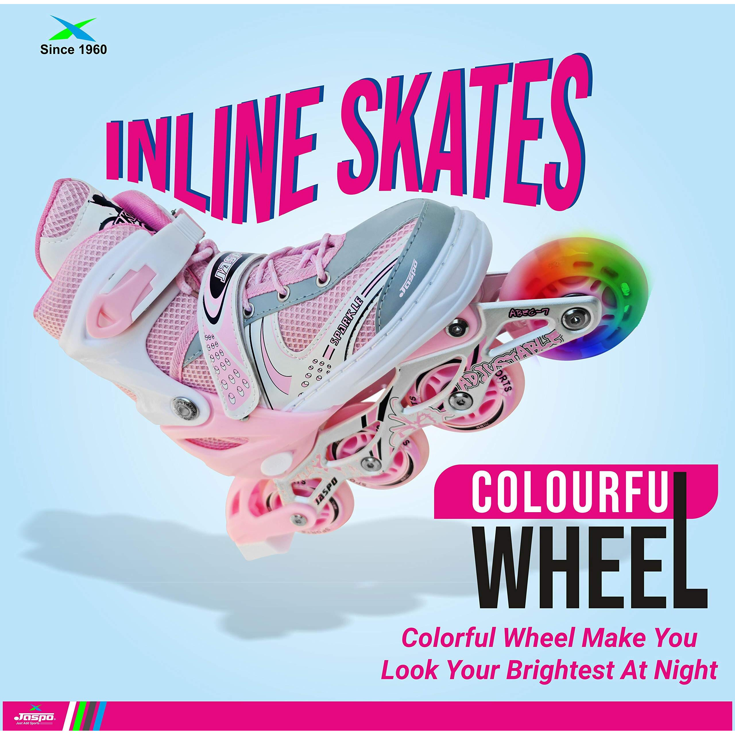 Jaspo Sparkle Adjustable Inline Skates with Front Light up Wheels Beginner Skates Fun Illuminating Roller Skates for All Boys and Girls (Pink, Small (11-2 UK))
