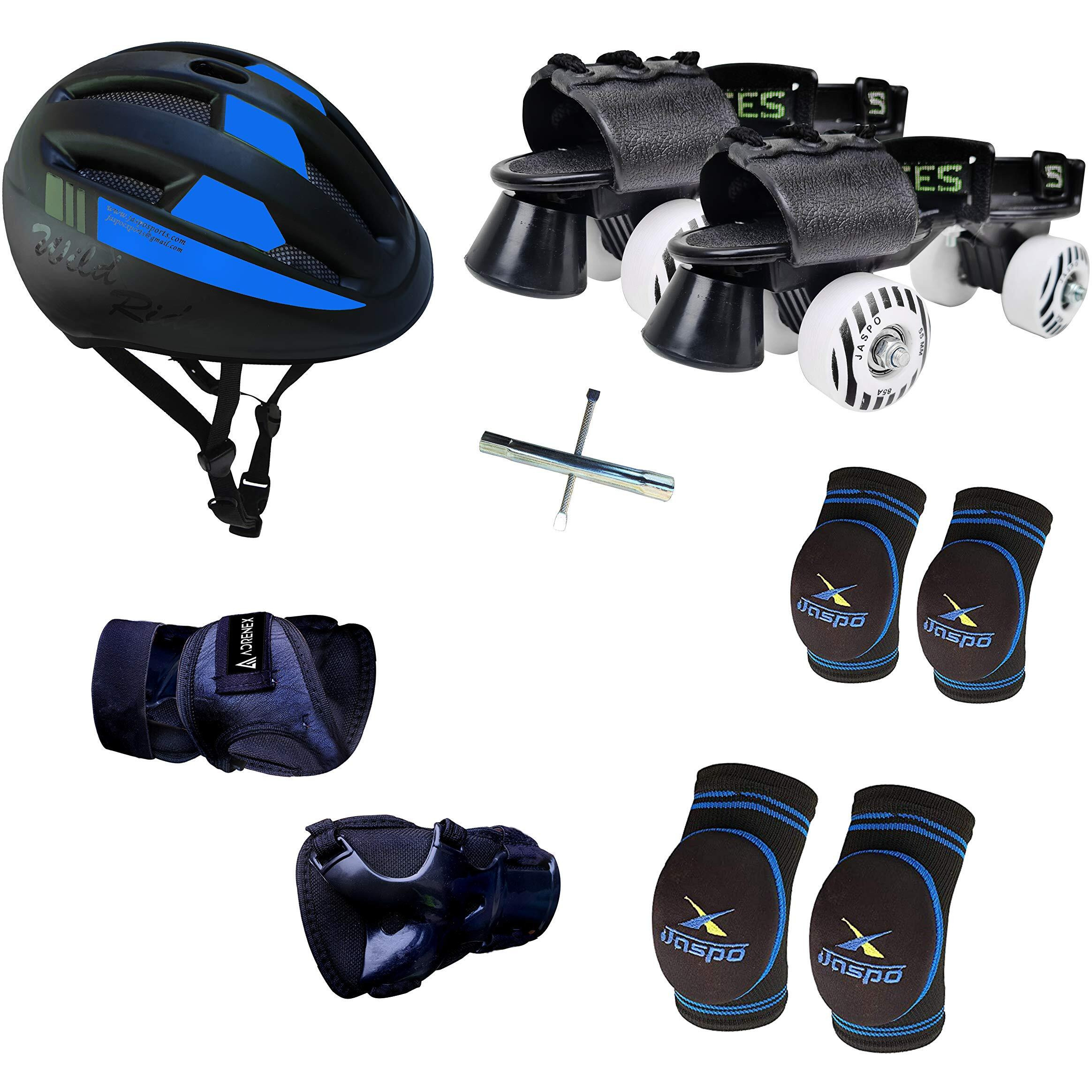 jaspo Unisex Players Pro Senior Outdoor Wheel Skates Combo (Skates+Helmet+Knee+Elbow+Wrist) Suitable For Age 6 To 14 Years, Blue