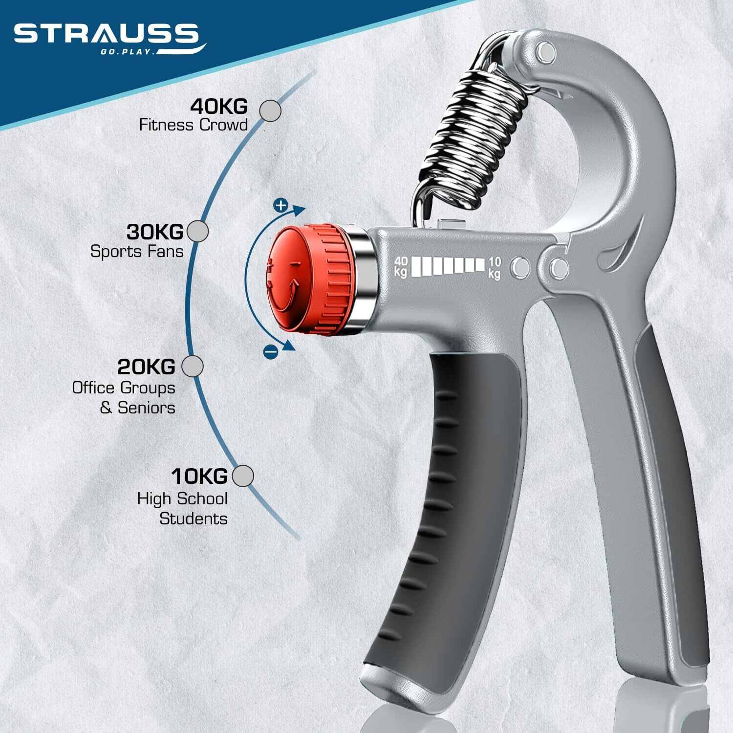 Strauss Adjustable Hand Grip | Adjustable Resistance (10KG - 40KG) | Hand Gripper for Home & Gym Workouts | Perfect for Finger & Forearm Hand Exercises for Men & Women (Black/Grey)