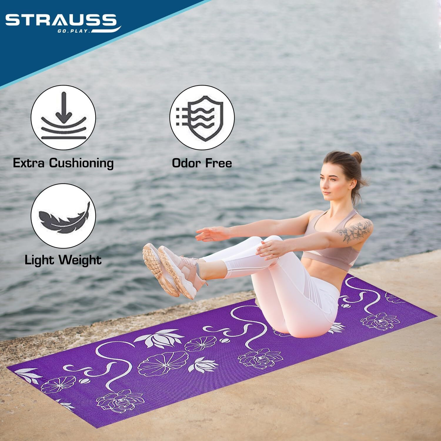 Strauss Exercise Floral Yoga Mat with Carry Bag Non-Slip Exercise & Fitness Mat for Yoga, Pilates & Floor Workouts For Men & Women Anti Tear Mat | Home & Gym Workout |Size-8mm, (Purple)