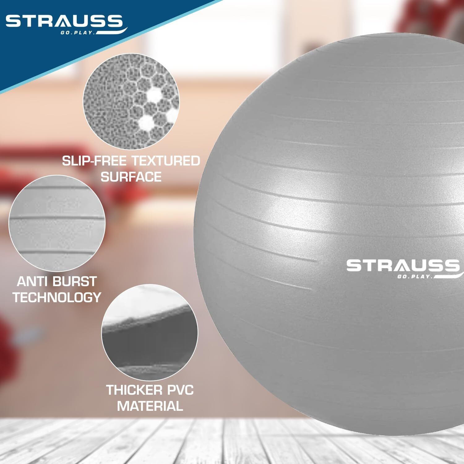 STRAUSS Anti-Burst Rubber Gym Ball with Free Foot Pump | Round Shape Swiss Ball for Exercise, Workout, Yoga, Pregnancy, Birthing, Balance & Stability, 55 cm, (Grey)