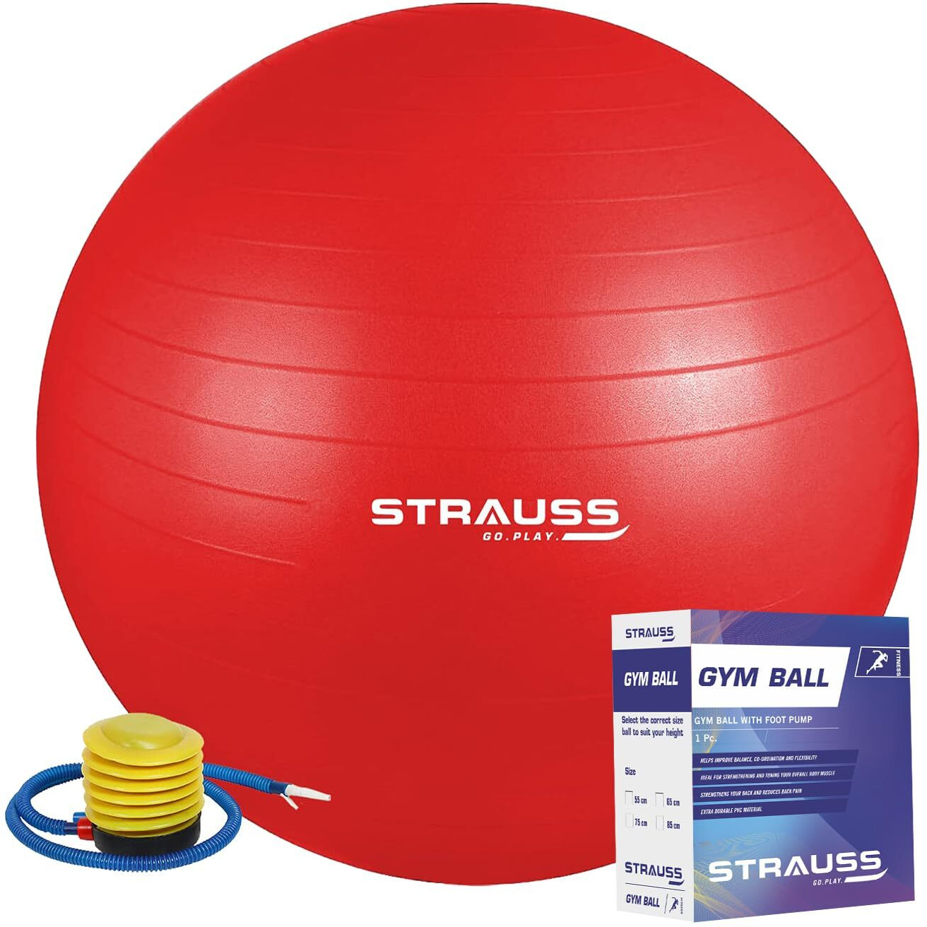 STRAUSS Anti-Burst Rubber Gym Ball with Free Foot Pump | Round Shape Stability Ball for Core Strength, Balance Training, Yoga & Stability| Fitness Equipment for Home Gym | 55 cm, (Red)