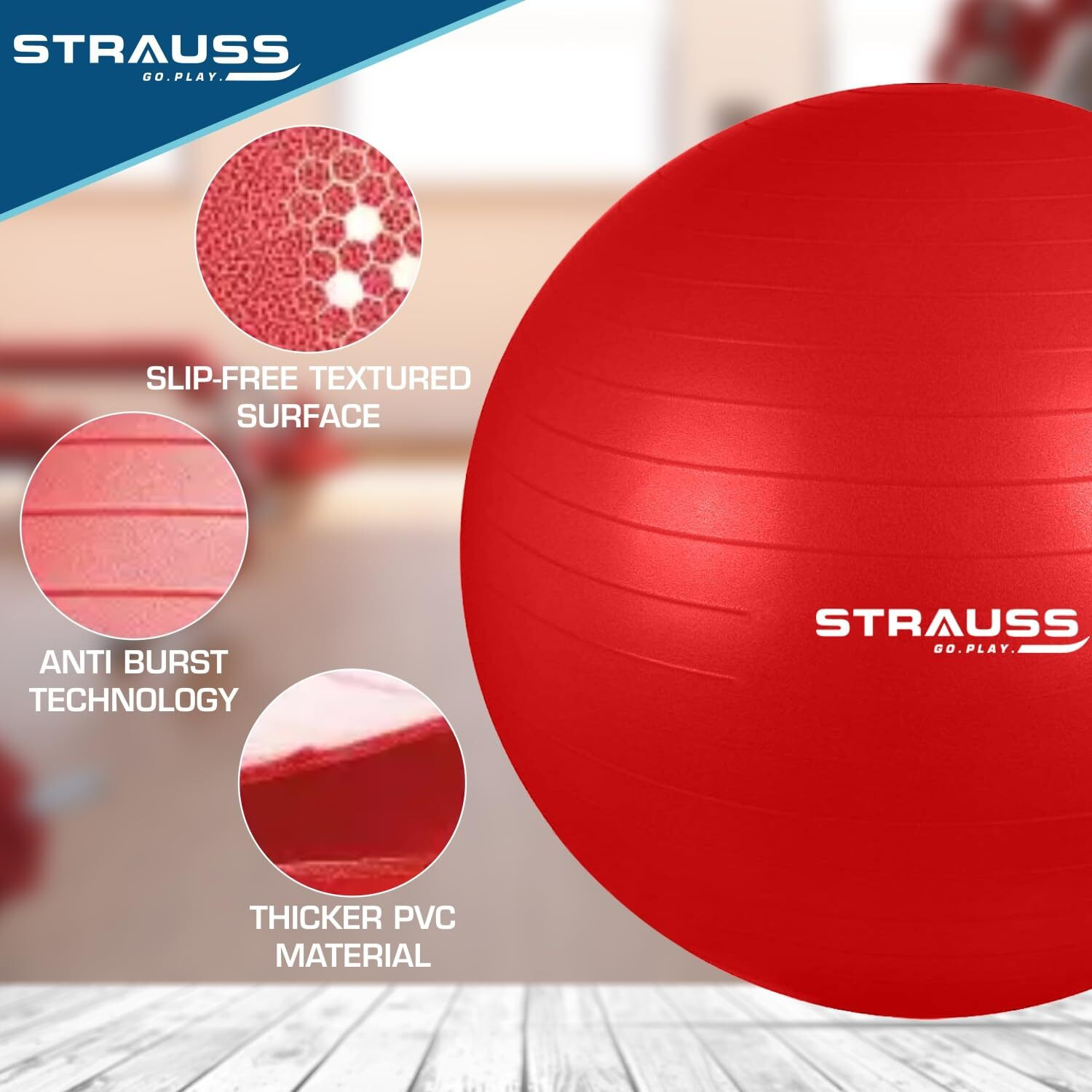 STRAUSS Anti-Burst Rubber Gym Ball with Free Foot Pump | Round Shape Stability Ball for Core Strength, Balance Training, Yoga & Stability| Fitness Equipment for Home Gym | 55 cm, (Red)