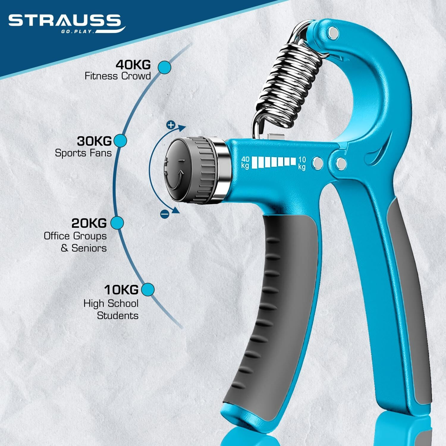 Strauss Adjustable Hand Grip| Adjustable Resistance (10KG - 40KG) | Hand Gripper for Home & Gym Workouts | Perfect for Finger & Forearm Hand Exercises & Strength Building for Men & Women (Black/Blue)