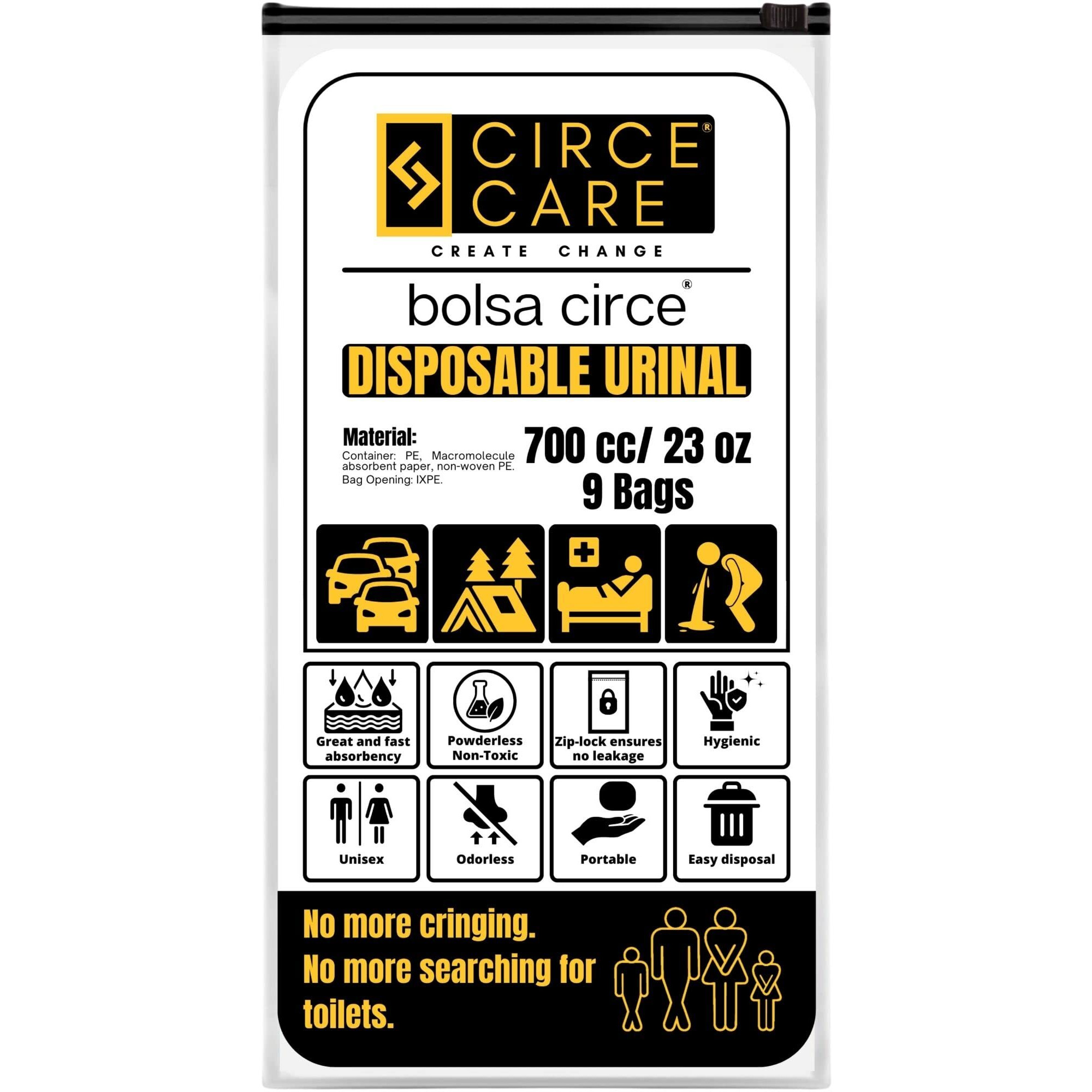 CIRCE CARE Bolsa Circe Disposable Urine Gel Bags, 9 Count, with Super Absorbent Pad and Ziplock, Portable Urinal, Camping Pee Bags, Vomit and Emergency Bag During Traffic Jam and Travel.