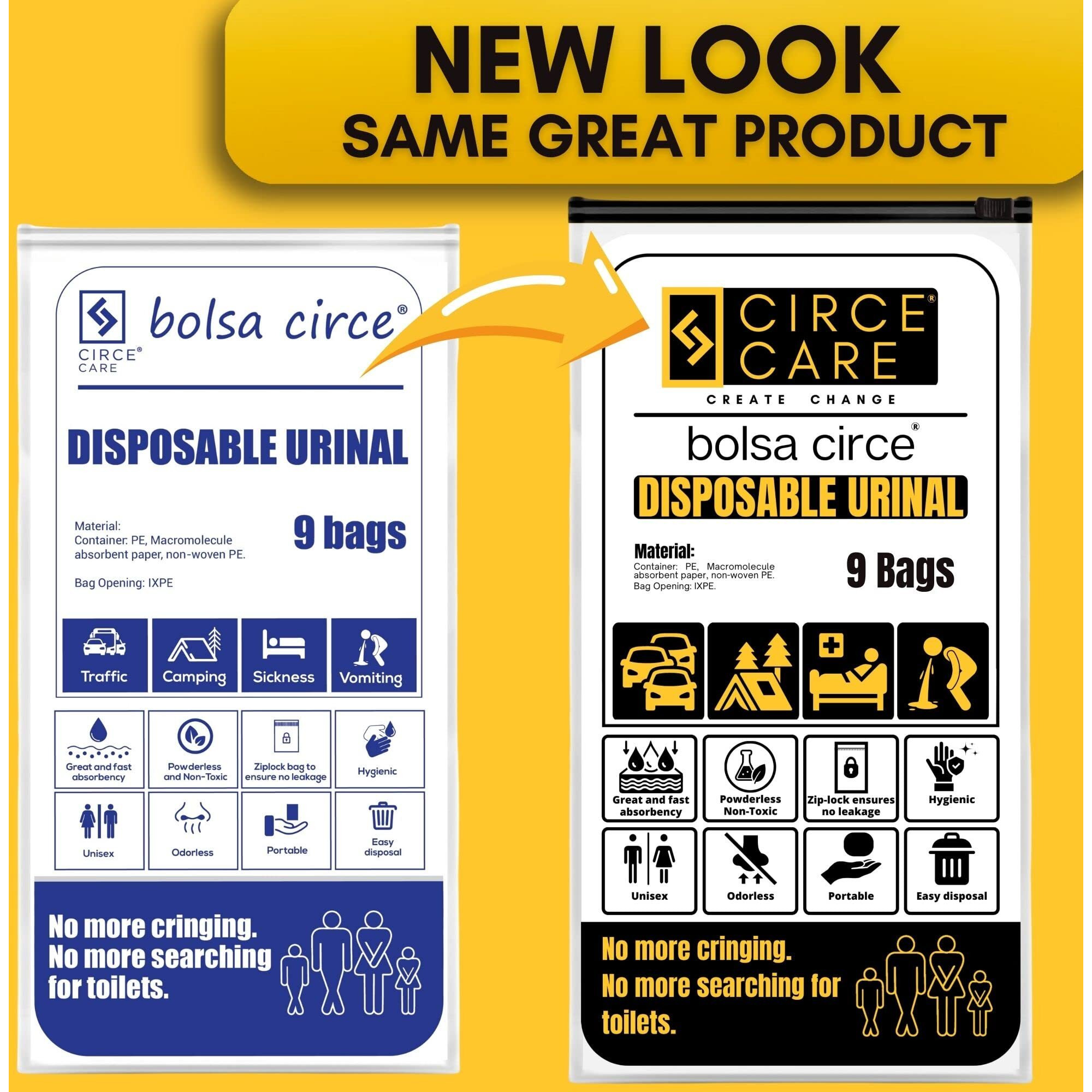 CIRCE CARE Bolsa Circe Disposable Urine Gel Bags, 9 Count, with Super Absorbent Pad and Ziplock, Portable Urinal, Camping Pee Bags, Vomit and Emergency Bag During Traffic Jam and Travel.