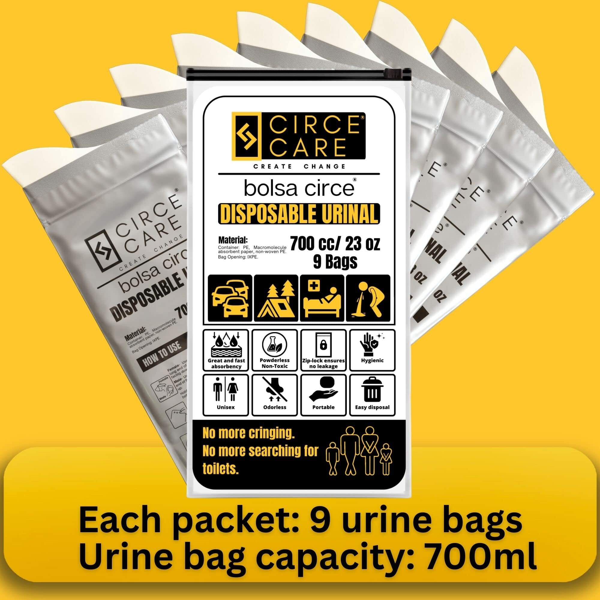 CIRCE CARE Bolsa Circe Disposable Urine Gel Bags, 9 Count, with Super Absorbent Pad and Ziplock, Portable Urinal, Camping Pee Bags, Vomit and Emergency Bag During Traffic Jam and Travel.