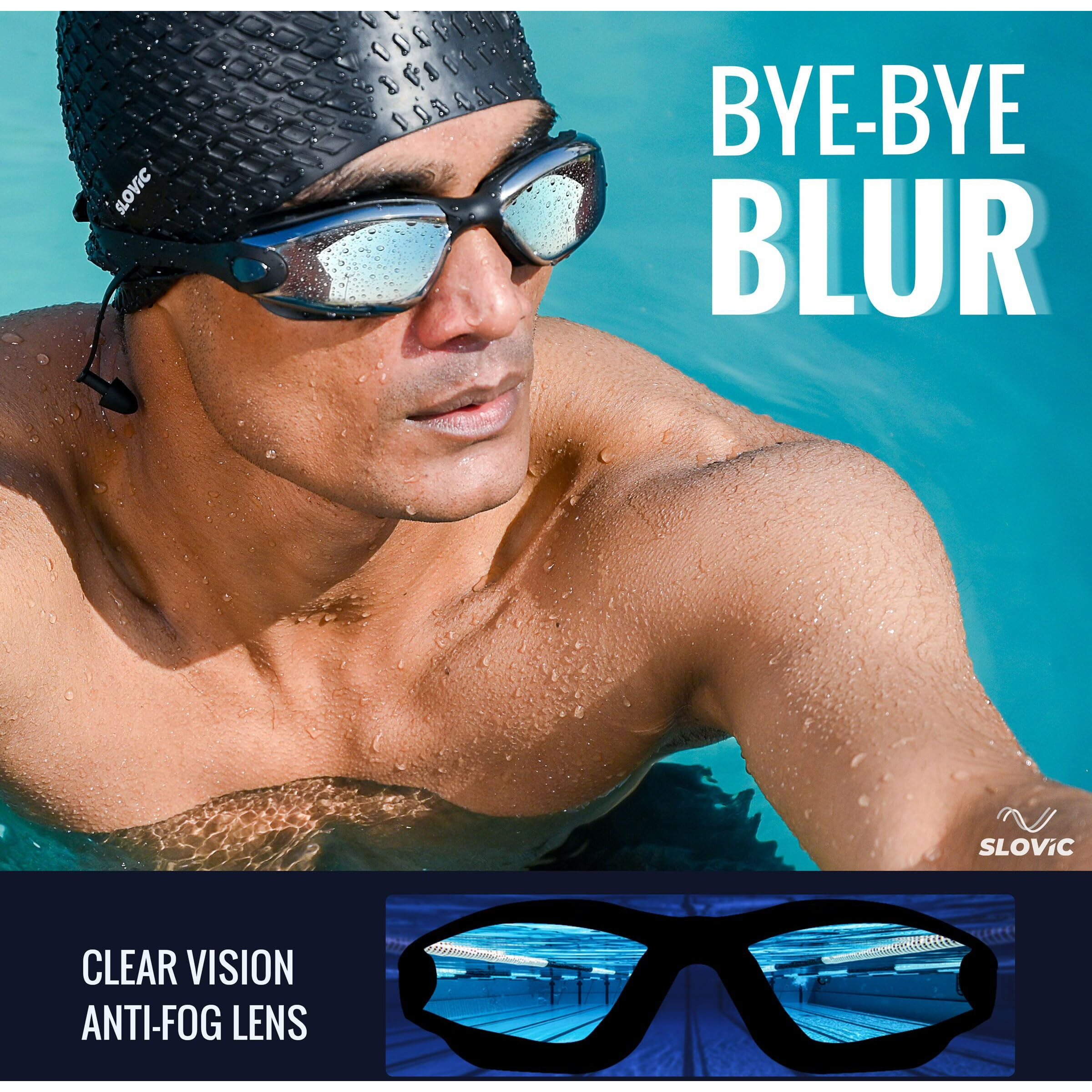SLOVIC Black Swimming Goggles for Men & Women with Silicon Nose Bridge | Anti-Fog Glasses, Leak-Proof, Easy to Adjust Push-Button Straps with Ear Plugs & Nose Clip | UV-Protected Swimming Goggle Kit