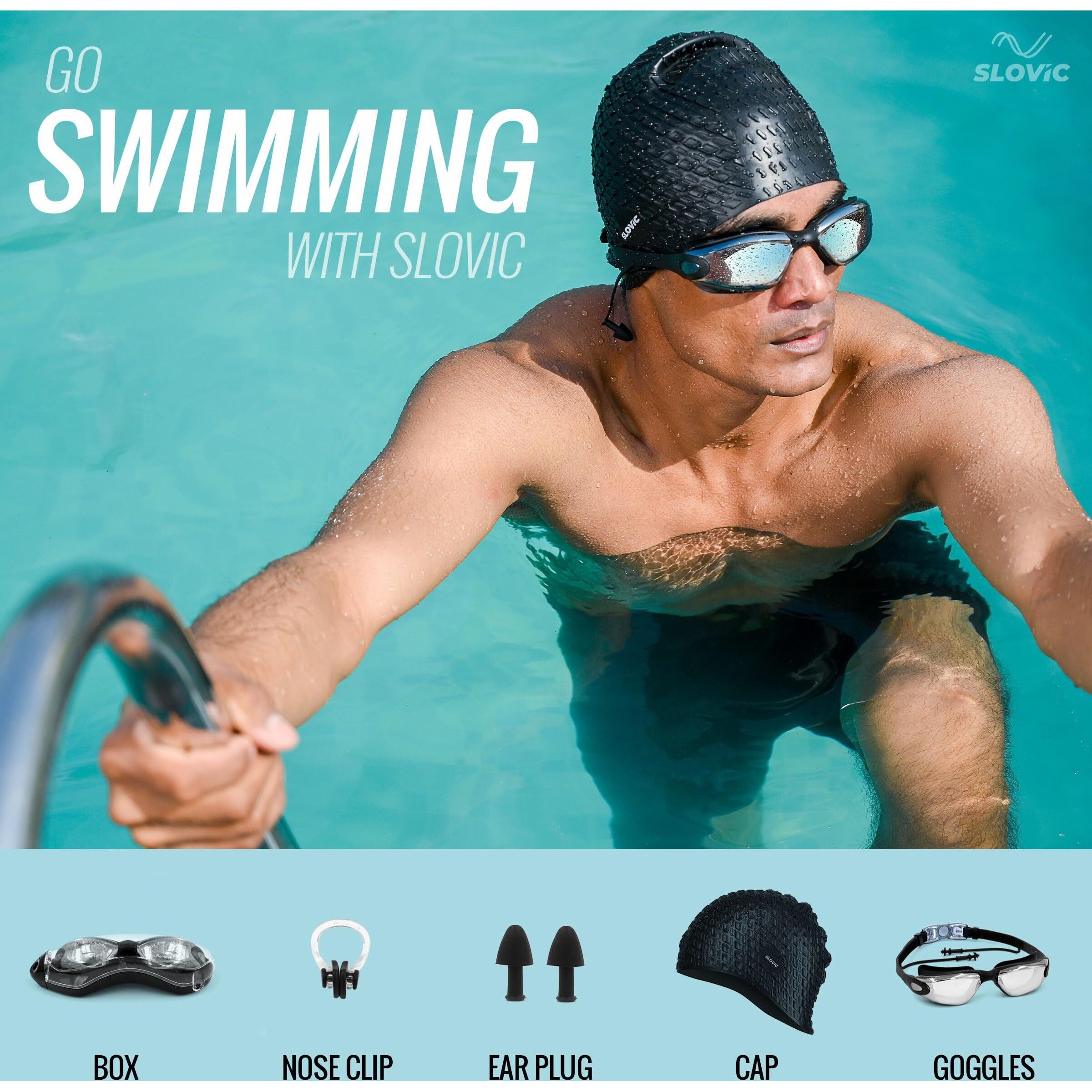 SLOVIC Black Swimming Goggles & Black Embossed Swimming Caps for Men & Women with Silicon Nose Bridge | Free Size Cap, UV-Protected Anti-Fog Glasses, Push-Button Strap with Ear Plugs & Nose Clip