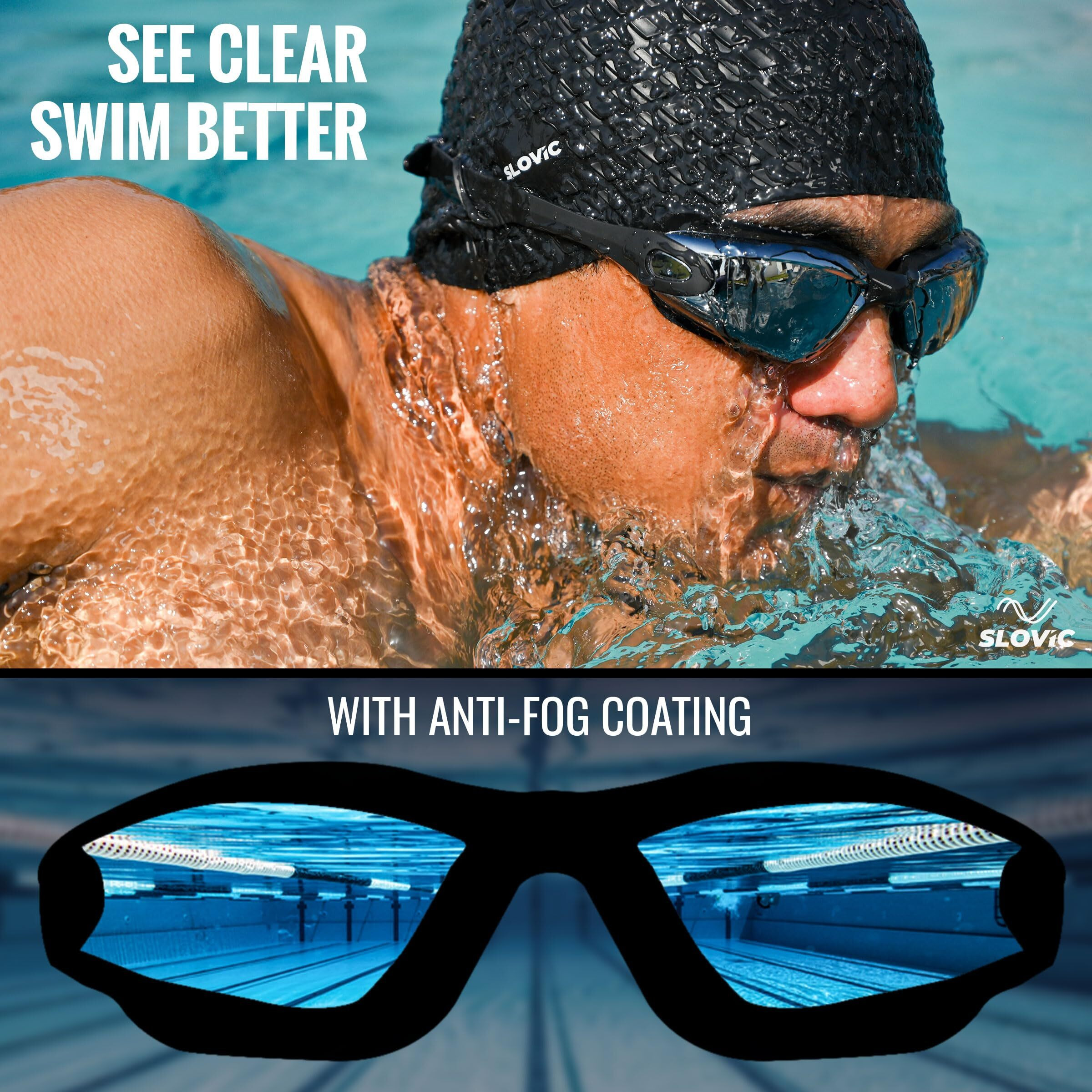 SLOVIC Black Swimming Goggles & Black Embossed Swimming Caps for Men & Women with Silicon Nose Bridge | Free Size Cap, UV-Protected Anti-Fog Glasses, Push-Button Strap with Ear Plugs & Nose Clip