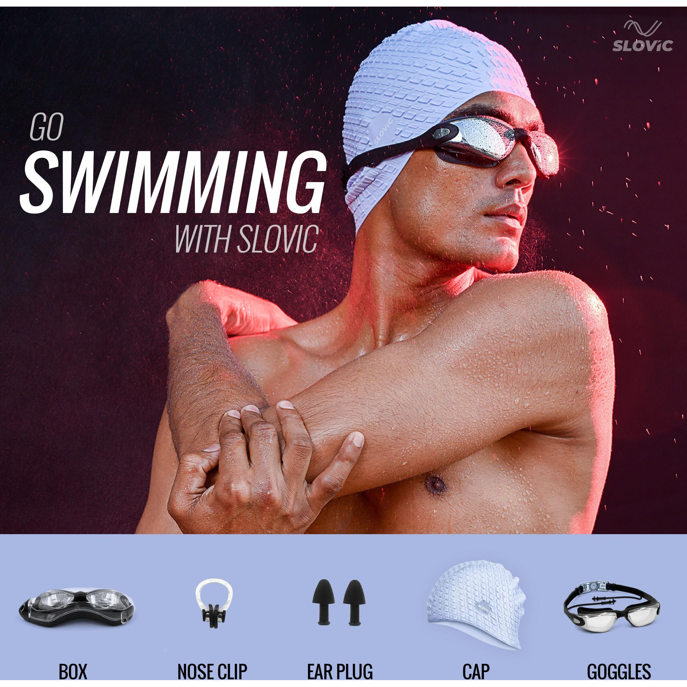 SLOVIC Black Swimming Goggles & Blue Embossed Swimming Caps for Men & Women with Silicon Nose Bridge | Free Size Cap, UV-Protected Anti-Fog Glasses, Push-Button Strap with Ear Plugs & Nose Clip