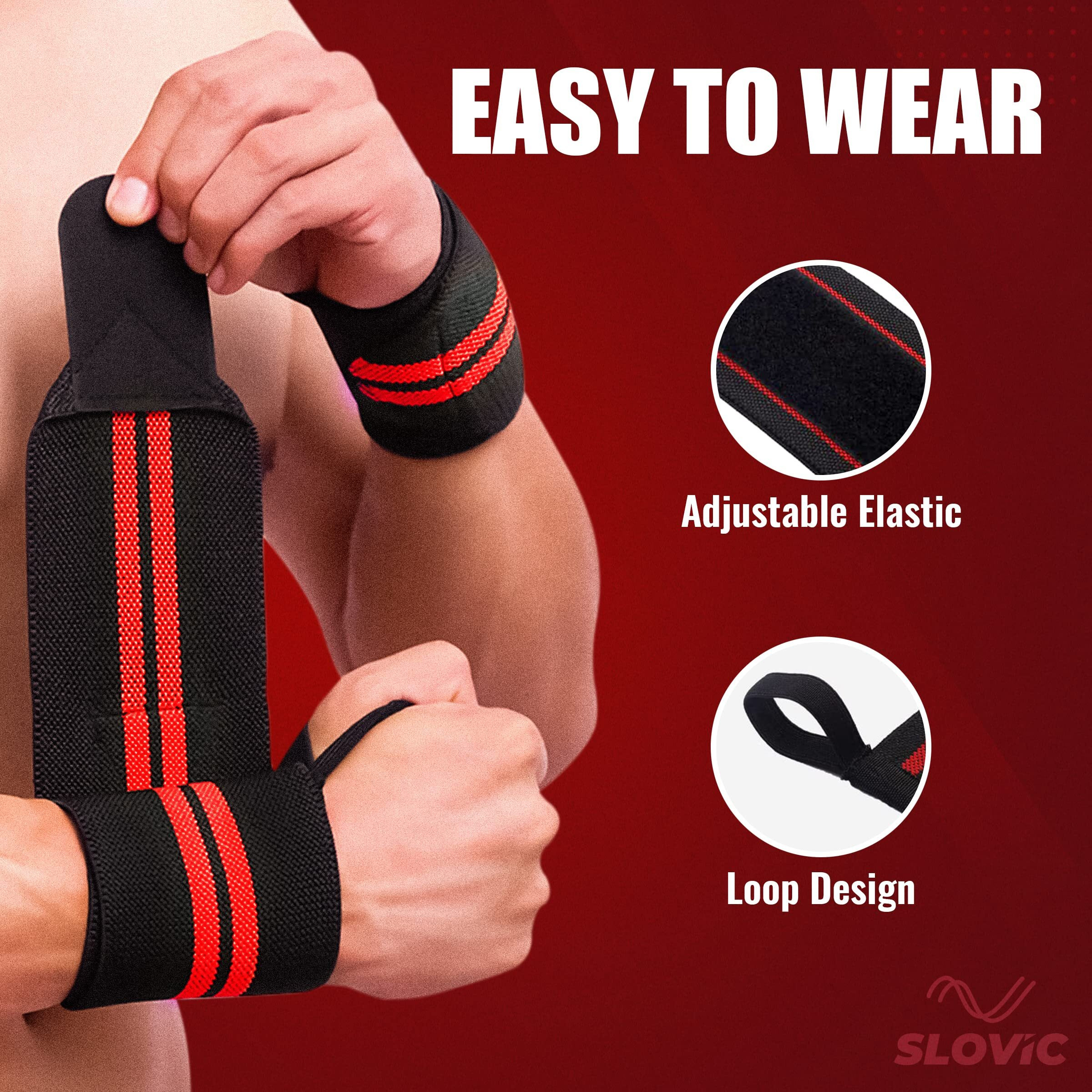 SLOVIC Wrist Band for Men Gym, Breathable Gym Wrist Support for Men Red-Strip | Perfect Wrist Band for Pain Relief | Performance Enhancement Straps for Gym, Weightlifting, Gymnastics & Cross-Training