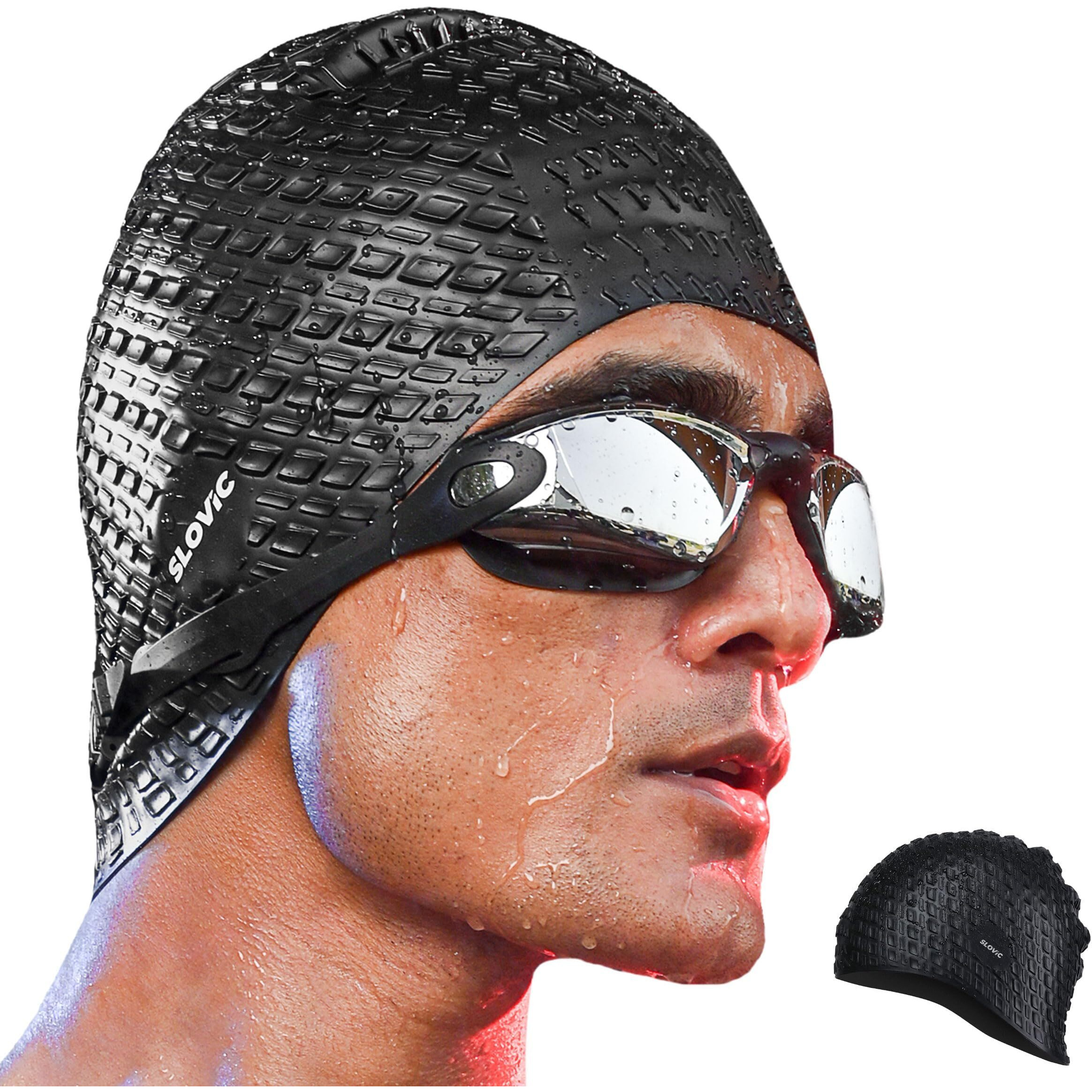 SLOVIC Black Embossed Swimming Caps for Men and Women with Long Hair | Waterproof Cap for Swimming Silicone | Free-Size for Great Fit | No Hair Pulling | Prevents Chemical Damage