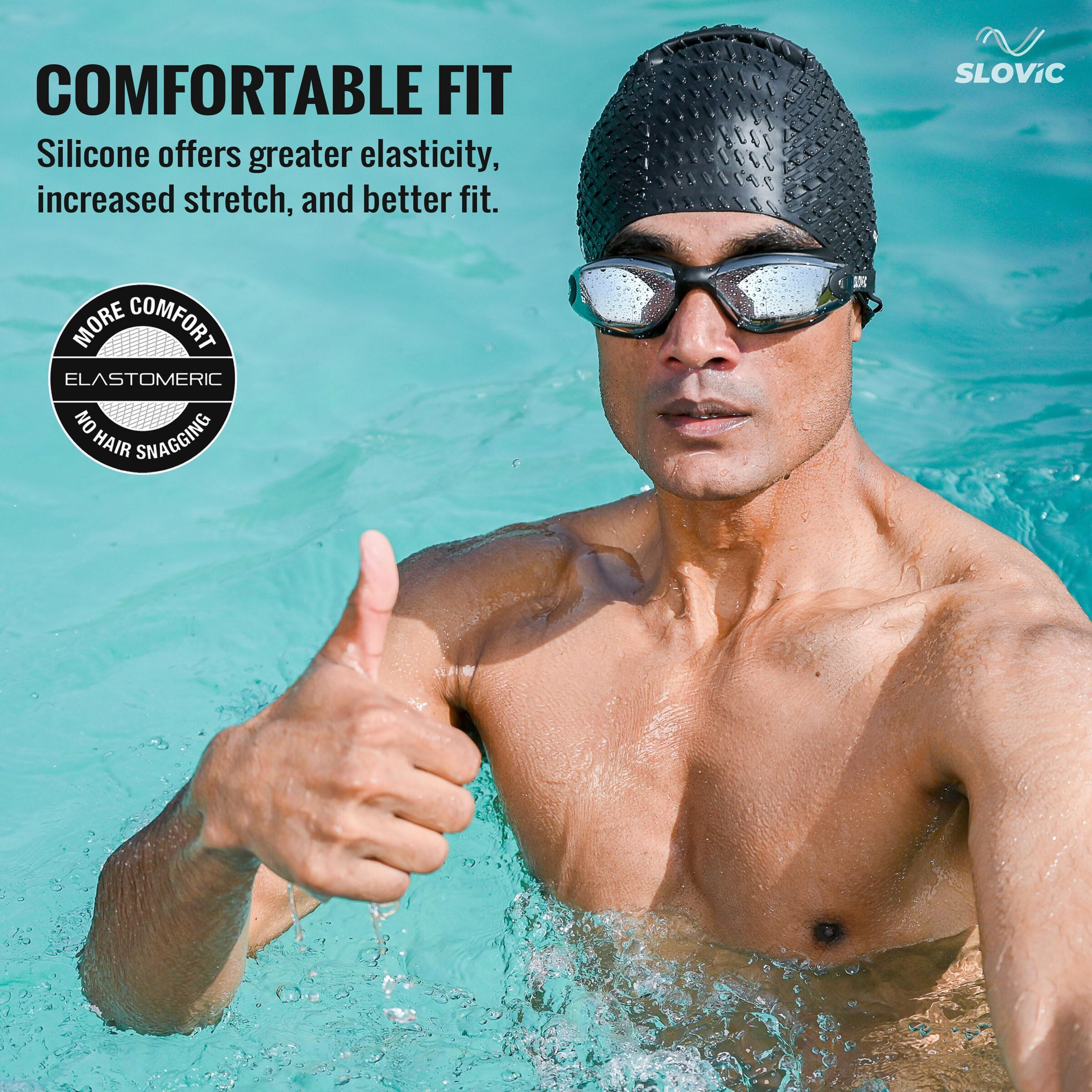 SLOVIC Black Embossed Swimming Caps for Men and Women with Long Hair | Waterproof Cap for Swimming Silicone | Free-Size for Great Fit | No Hair Pulling | Prevents Chemical Damage