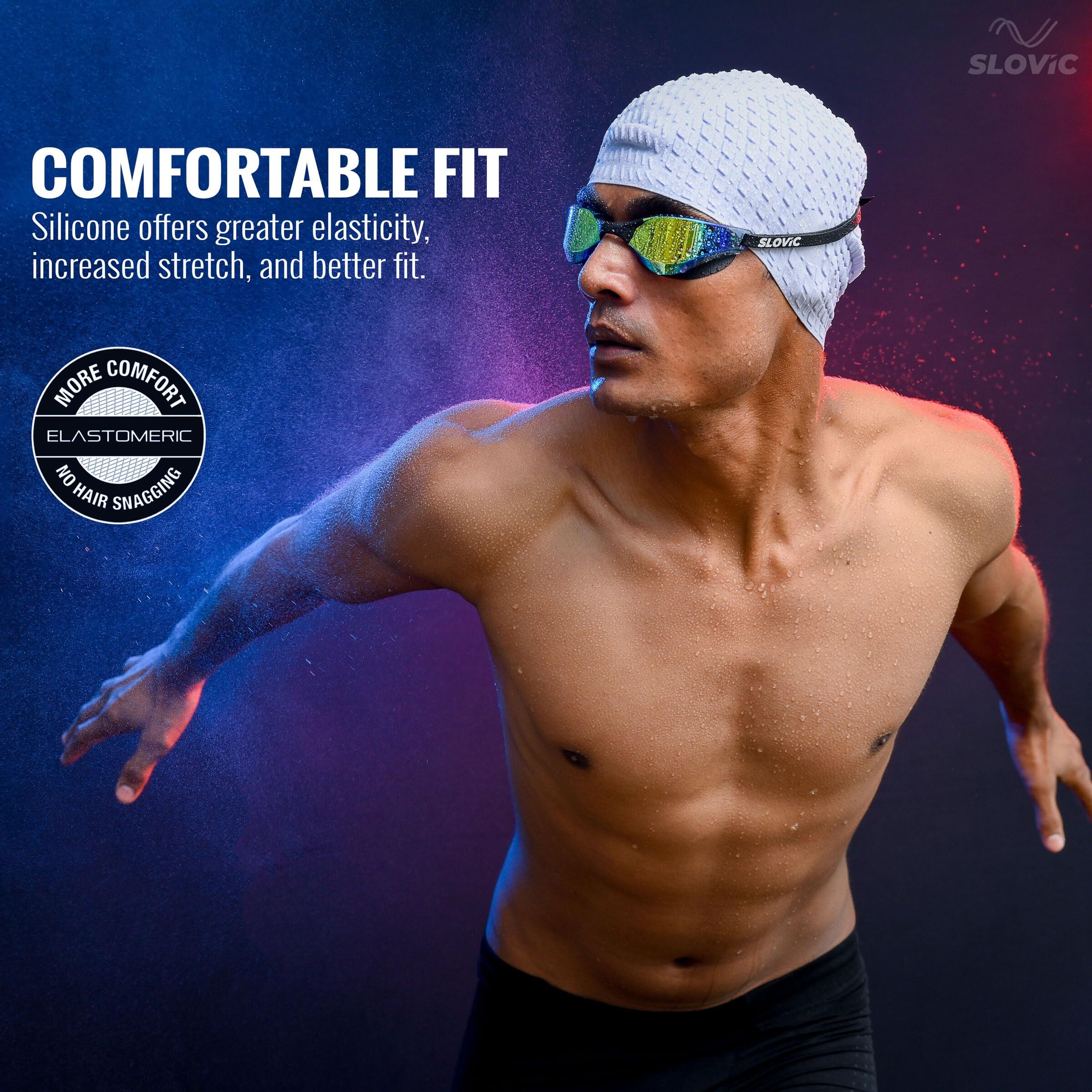 SLOVIC Blue Embossed Swimming Caps for Men and Women with Long Hair | Waterproof Cap for Swimming Silicone | Free-Size for Great Fit | No Hair Pulling | Prevents Chemical Damage