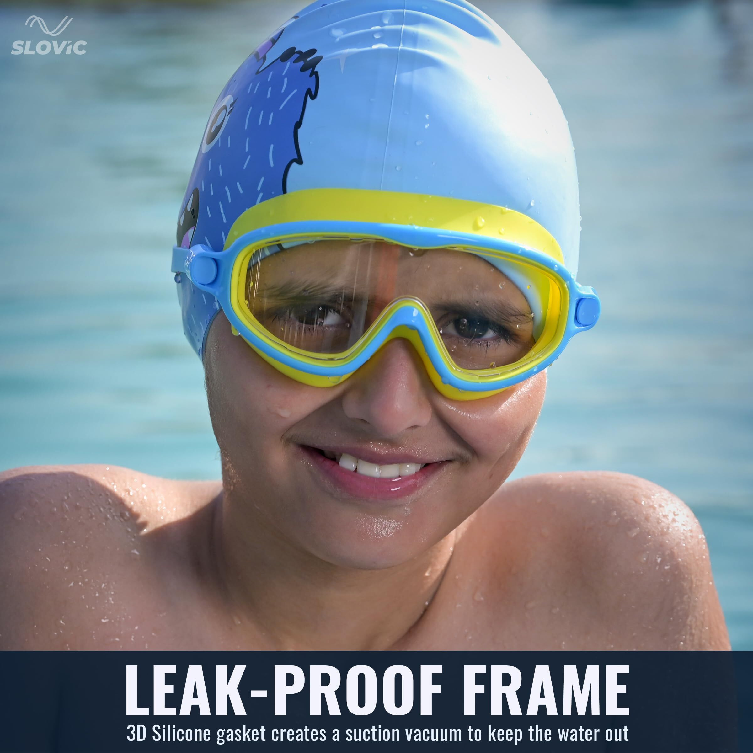 SLOVIC Yellow Swimming Goggles for Kids with Ear Plugs | Waterproof | UV Protection Lenses, Anti-Fog Glasses | Perfect Fit for Boys & Girl | Swimming Goggle for Kids 6-14 | Swimming Gear for Kids