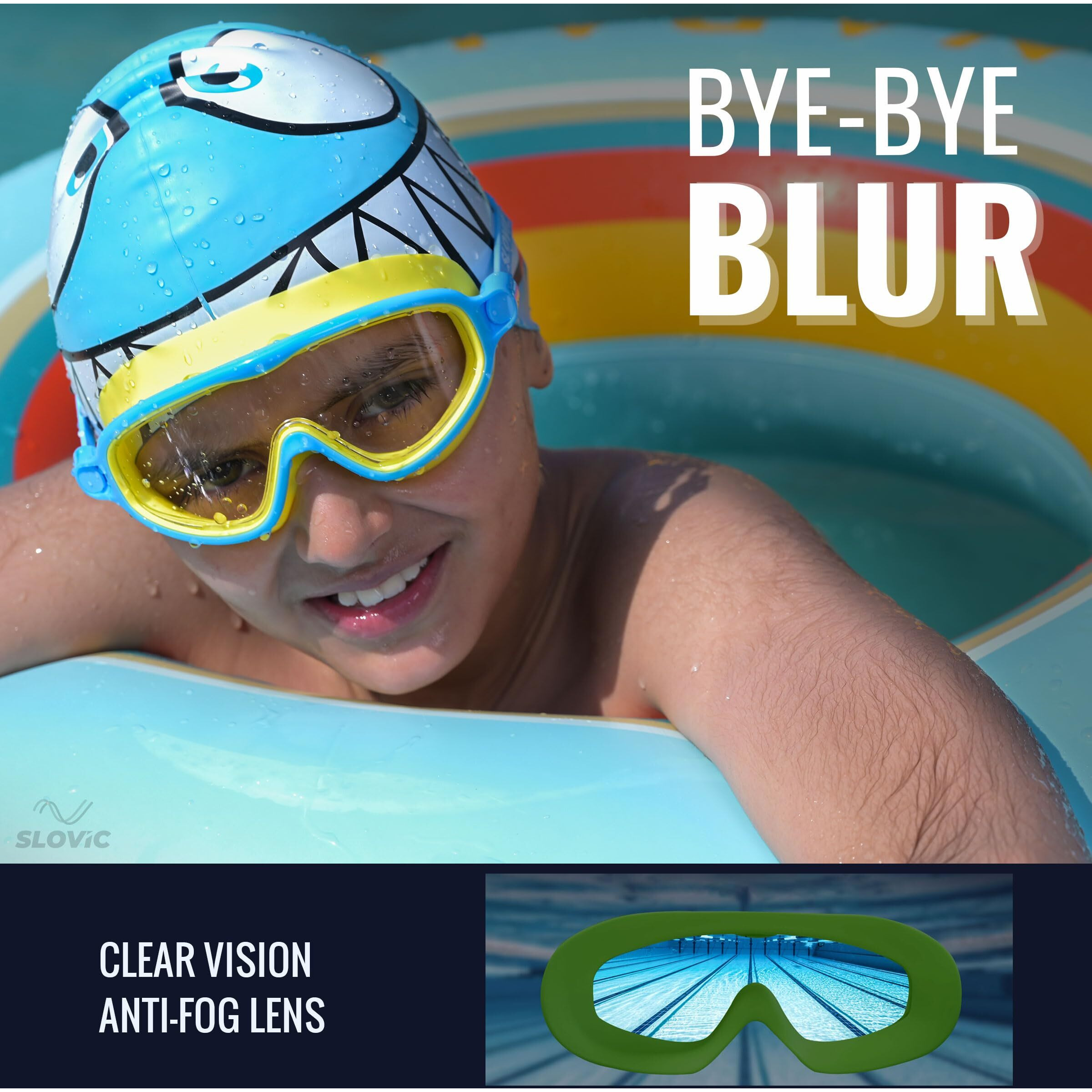 SLOVIC Yellow Swimming Goggles for Kids with Ear Plugs | Waterproof | UV Protection Lenses, Anti-Fog Glasses | Perfect Fit for Boys & Girl | Swimming Goggle for Kids 6-14 | Swimming Gear for Kids