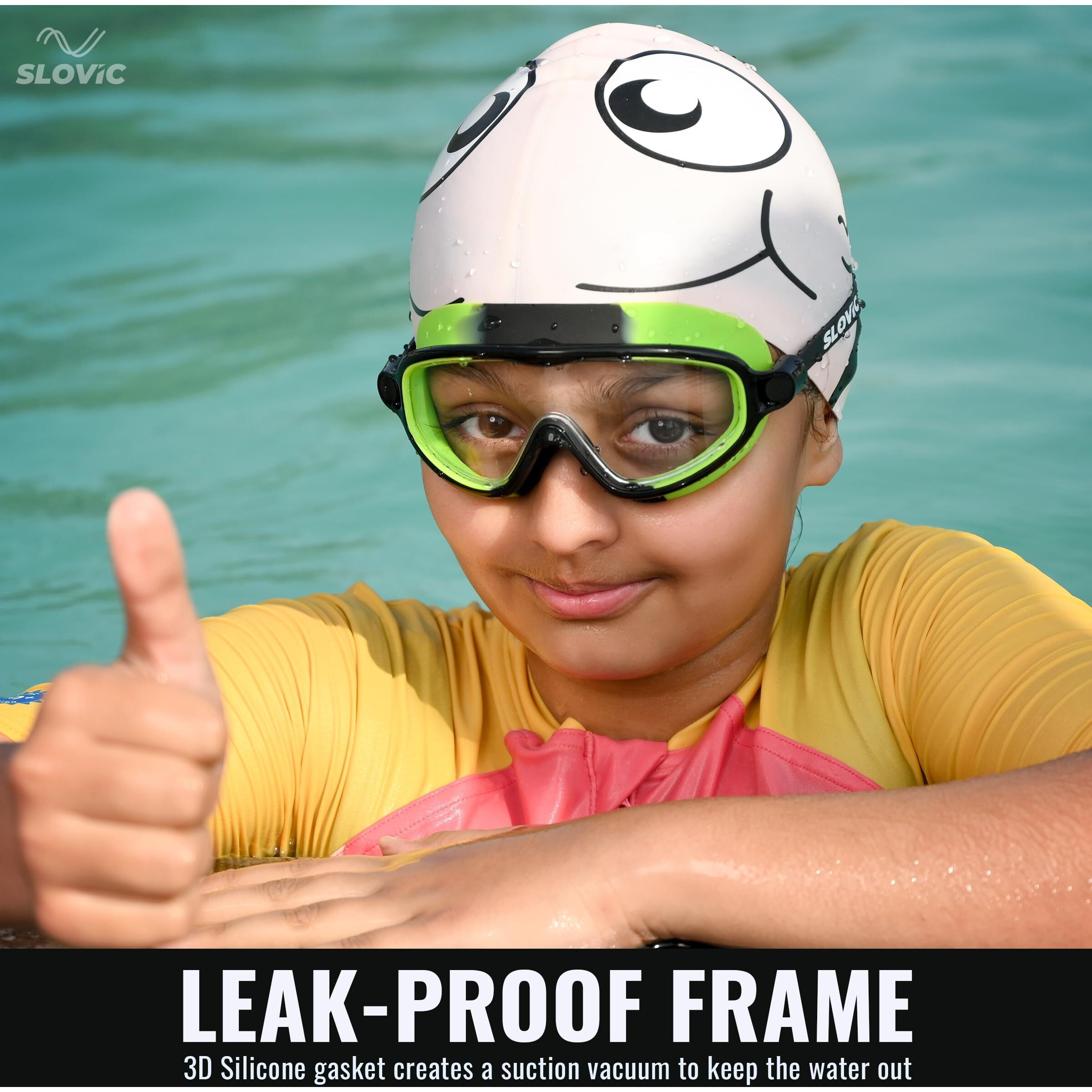 SLOVIC Green Swimming Goggles for Kids with Ear Plugs | Waterproof | UV Protection Lenses, Anti-Fog Glasses | Perfect Fit for Boys & Girl | Swimming Goggle for Kids 6-14 | Swimming Gear for Kids
