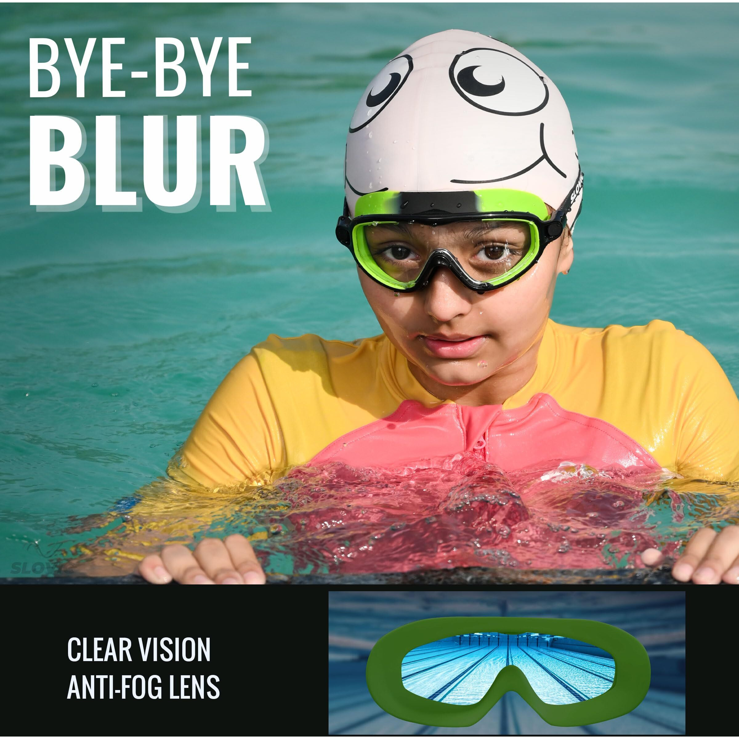SLOVIC Green Swimming Goggles for Kids with Ear Plugs | Waterproof | UV Protection Lenses, Anti-Fog Glasses | Perfect Fit for Boys & Girl | Swimming Goggle for Kids 6-14 | Swimming Gear for Kids