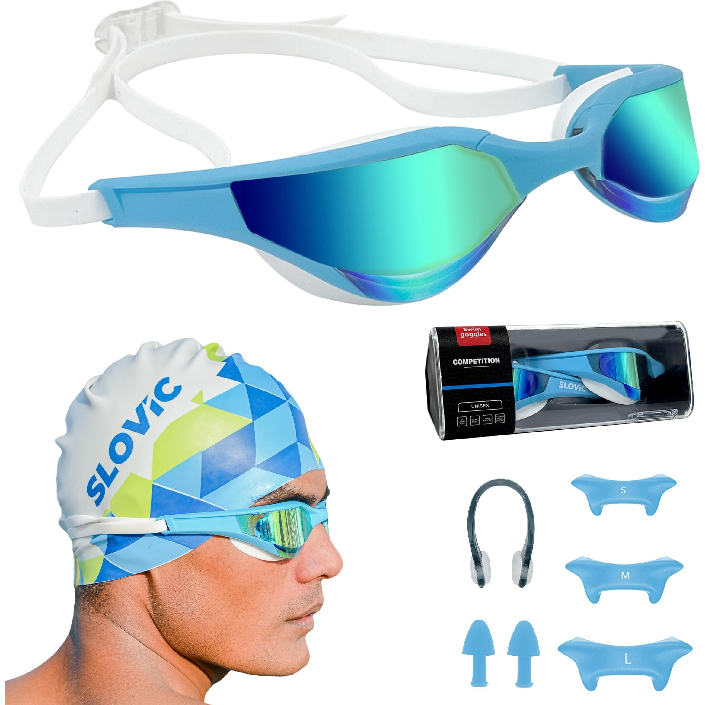 SLOVIC Sky-Blue Swimming Goggles for Men & Women with Detachable Silicon Nose Bridge | Anti-Fog Glasses, Leak-Proof | Adjustable Strap with Ear Plugs & Nose Clip | UV-Protected Swimming Goggle Kit