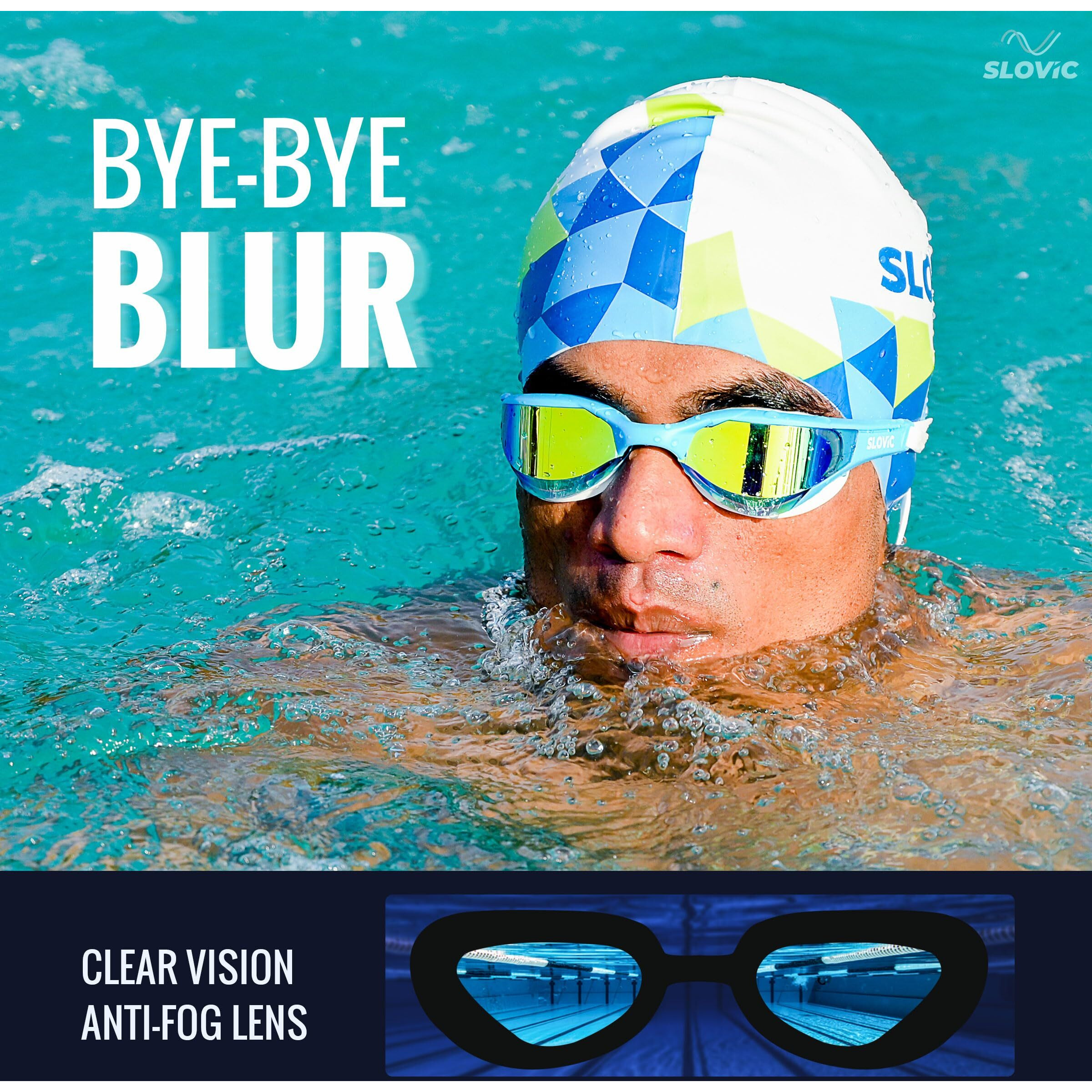 SLOVIC Sky-Blue Swimming Goggles for Men & Women with Detachable Silicon Nose Bridge | Anti-Fog Glasses, Leak-Proof | Adjustable Strap with Ear Plugs & Nose Clip | UV-Protected Swimming Goggle Kit
