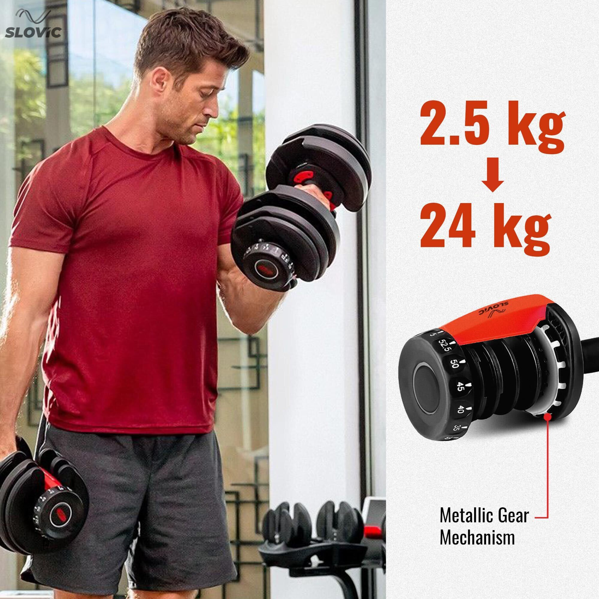 SLOVIC Adjustable Dumbbell Set for Home Gym | Easily Change Weights | Dumbbell from 2.5 kg to 24 kg | 15 Weight Combinations for Fitness and Workouts | Safety Lock Tray | Metallic Mechanism | Pack of 1