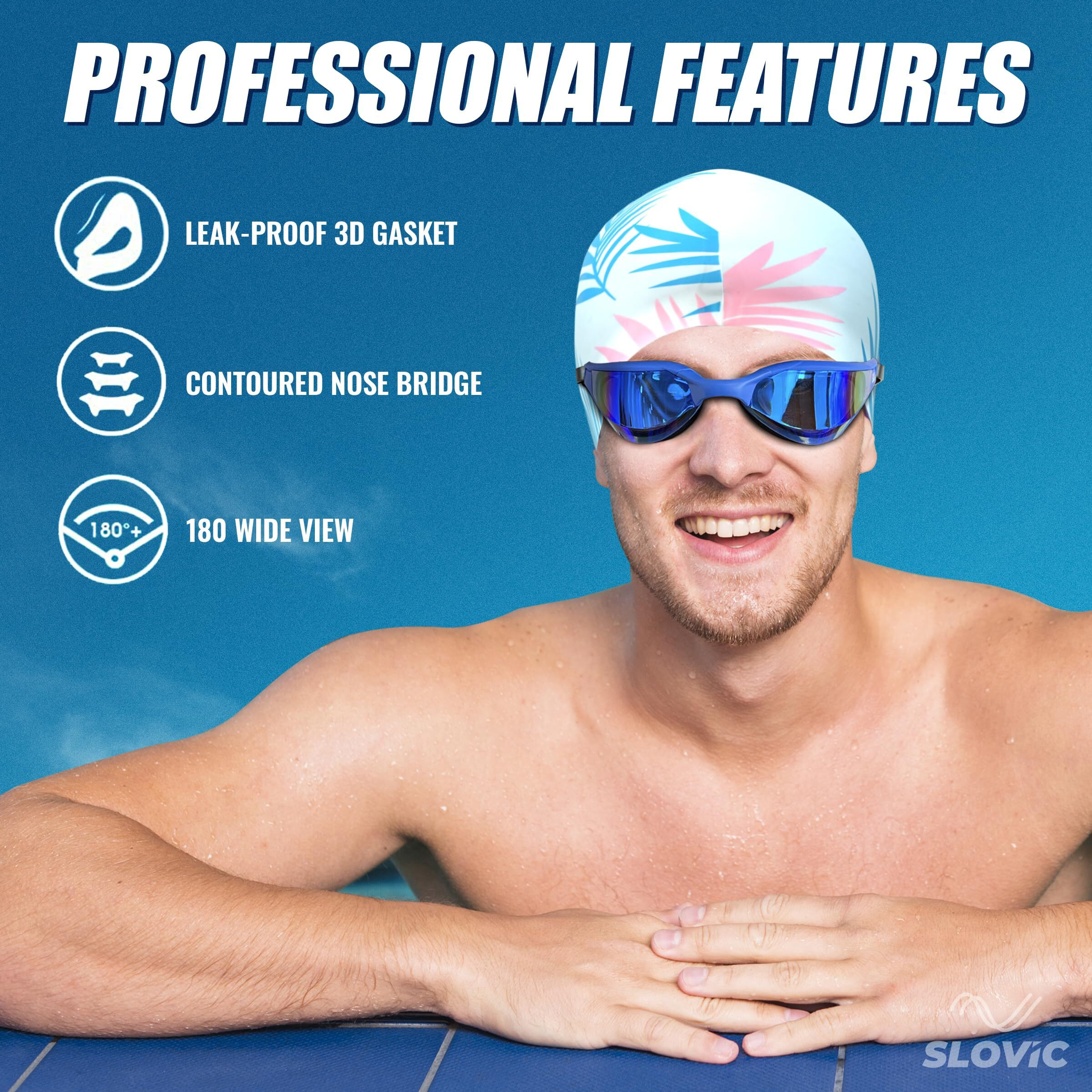 SLOVIC Dark-Blue Swimming Goggles with White-Leaf Swimming Caps for Men & Women with Detachable Silicon Nose Bridge | Free Size Cap, UV-Protected Glasses, Adjustable Straps with Ear Plugs & Nose Clip