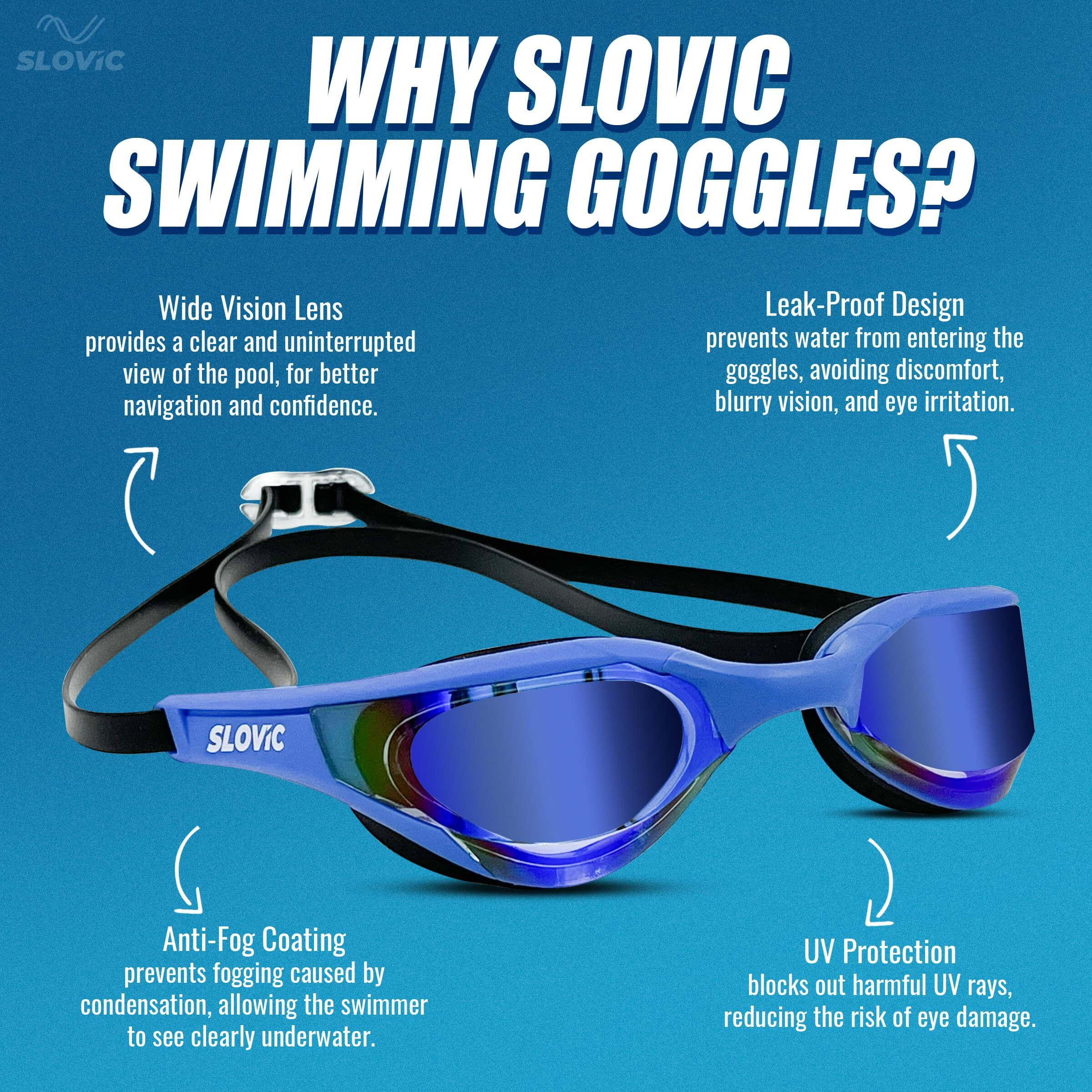 SLOVIC Dark-Blue Swimming Goggles with White-Leaf Swimming Caps for Men & Women with Detachable Silicon Nose Bridge | Free Size Cap, UV-Protected Glasses, Adjustable Straps with Ear Plugs & Nose Clip