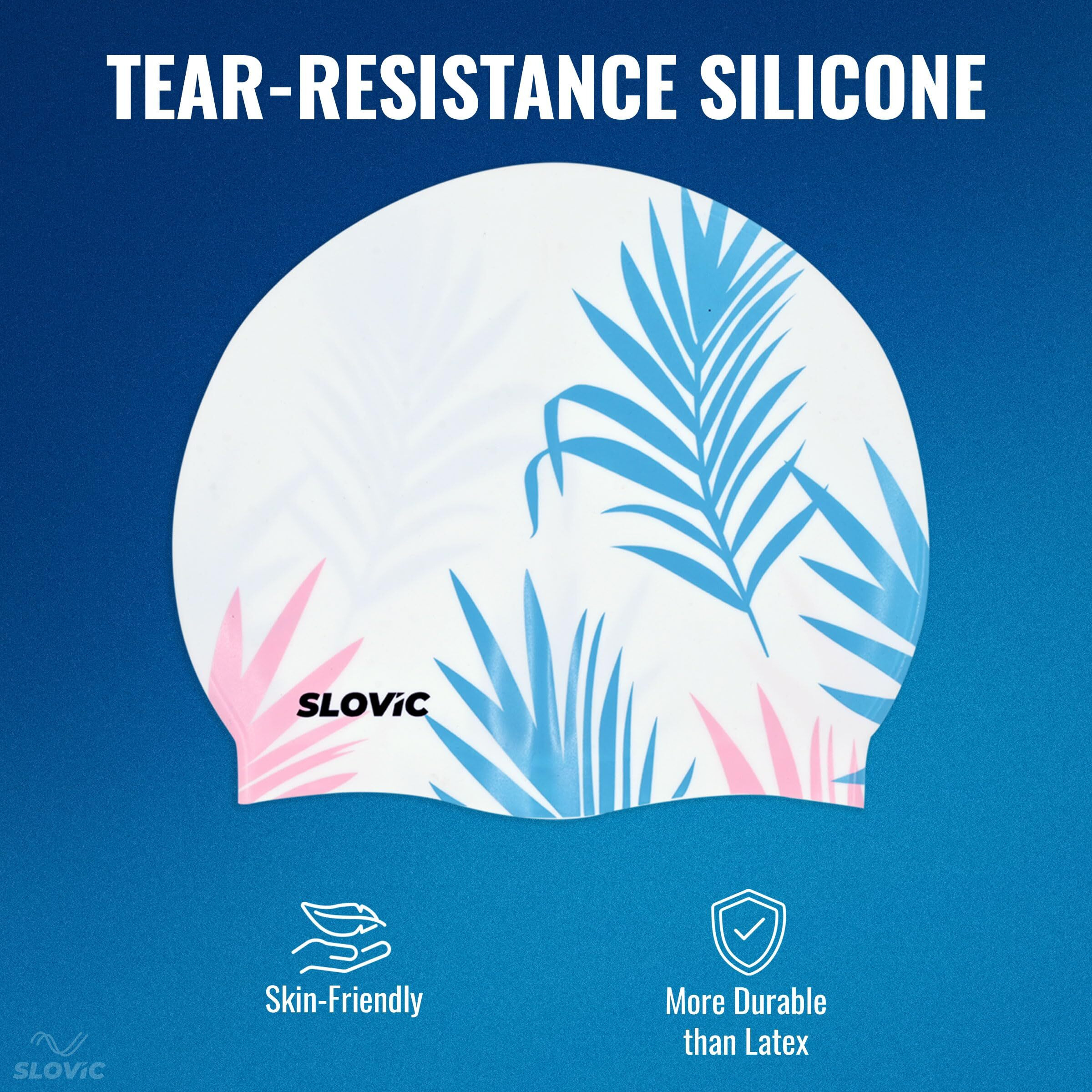 SLOVIC White Leaf Printed Swimming Caps for Men and Women with Long Hair | Waterproof Cap for Swimming Silicone | Free-Size for Great Fit | No Hair Pulling | Prevents Chemical Damage