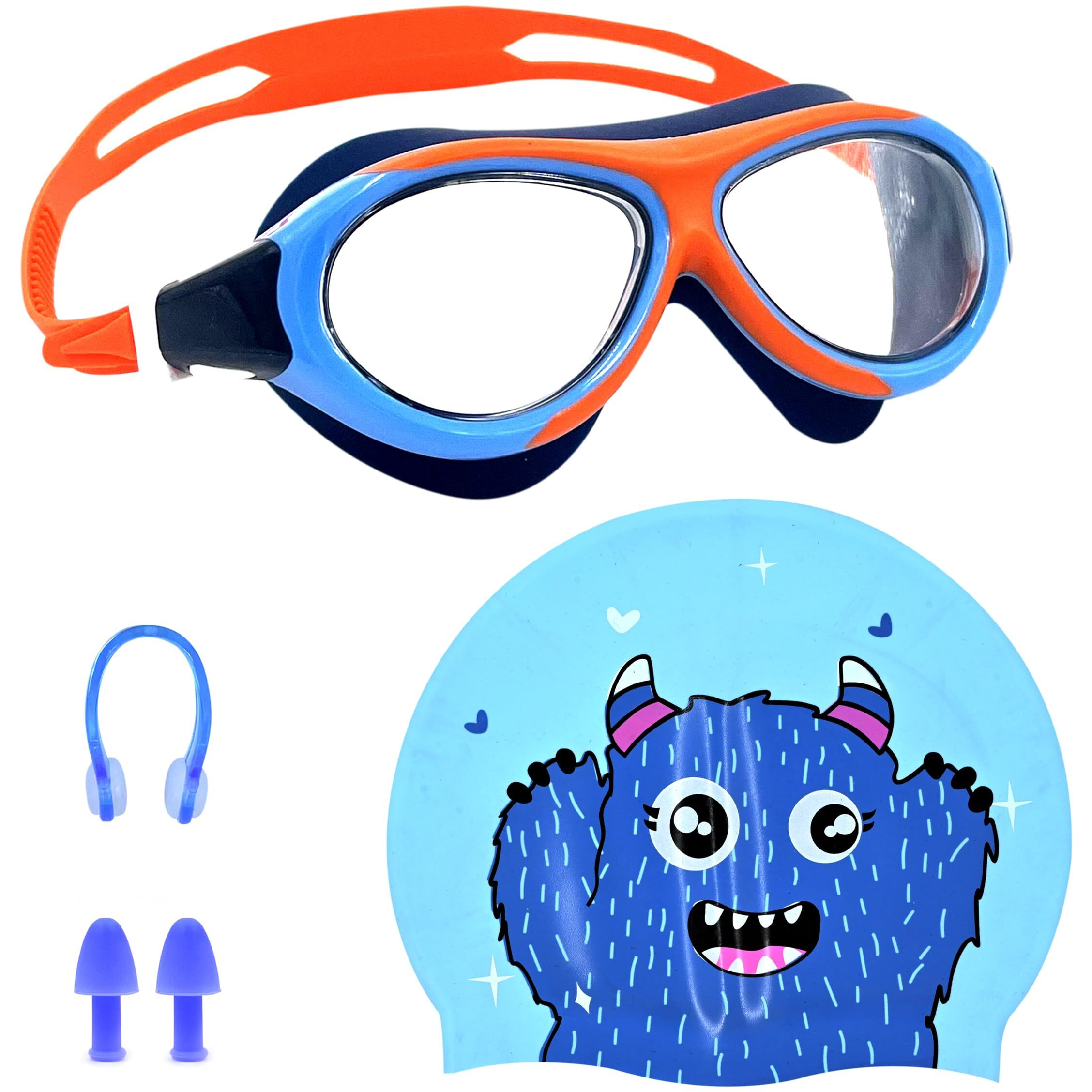 SLOVIC Orange Goggles with Blue Bear Printed Swimming Caps for Kids | Waterproof | Anti-Fog Glasses | Perfect Fit for Boys & Girl | Swimming Caps for Kids 6-14 | No Hair Pulling | Free Size Cap