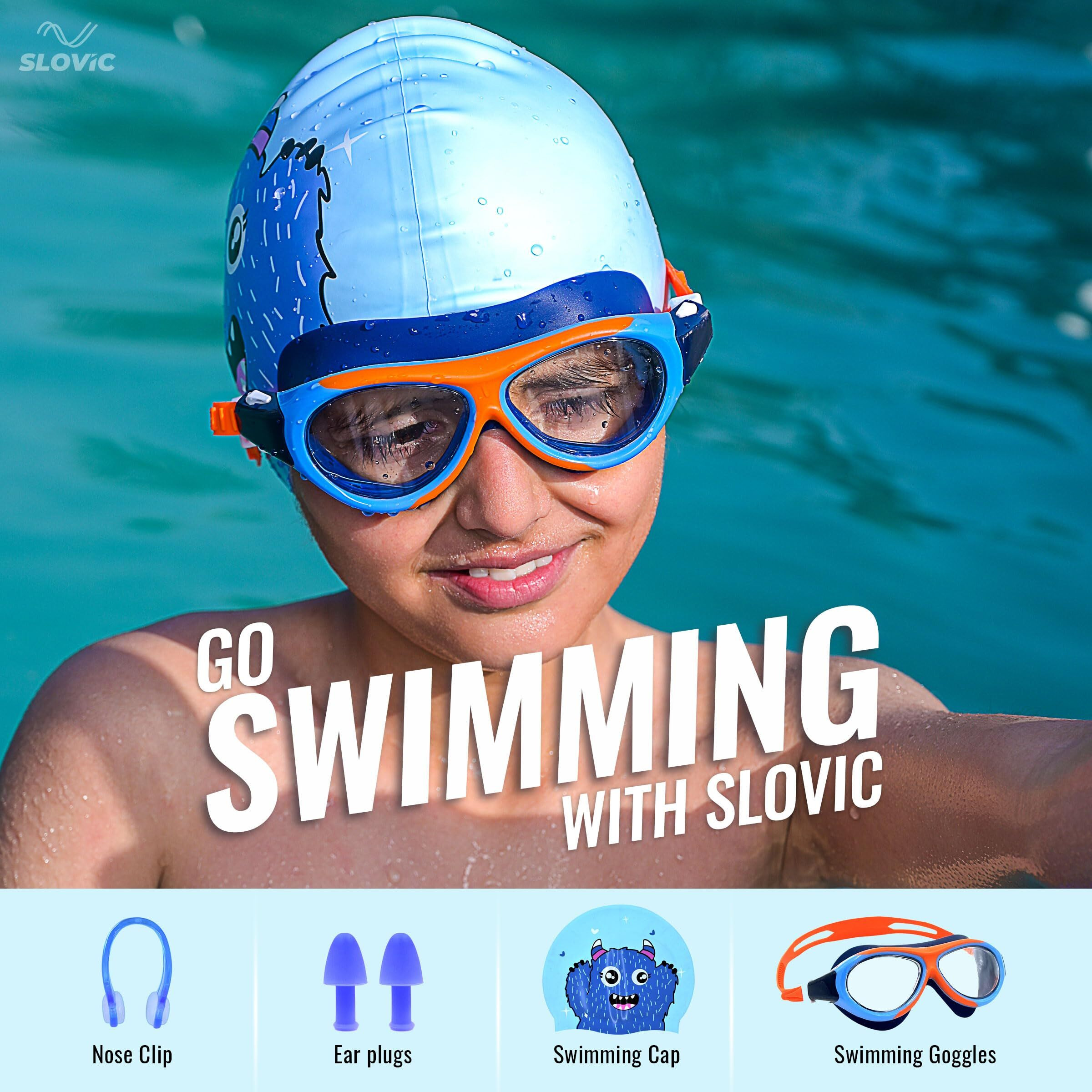 SLOVIC Orange Goggles with Blue Bear Printed Swimming Caps for Kids | Waterproof | Anti-Fog Glasses | Perfect Fit for Boys & Girl | Swimming Caps for Kids 6-14 | No Hair Pulling | Free Size Cap