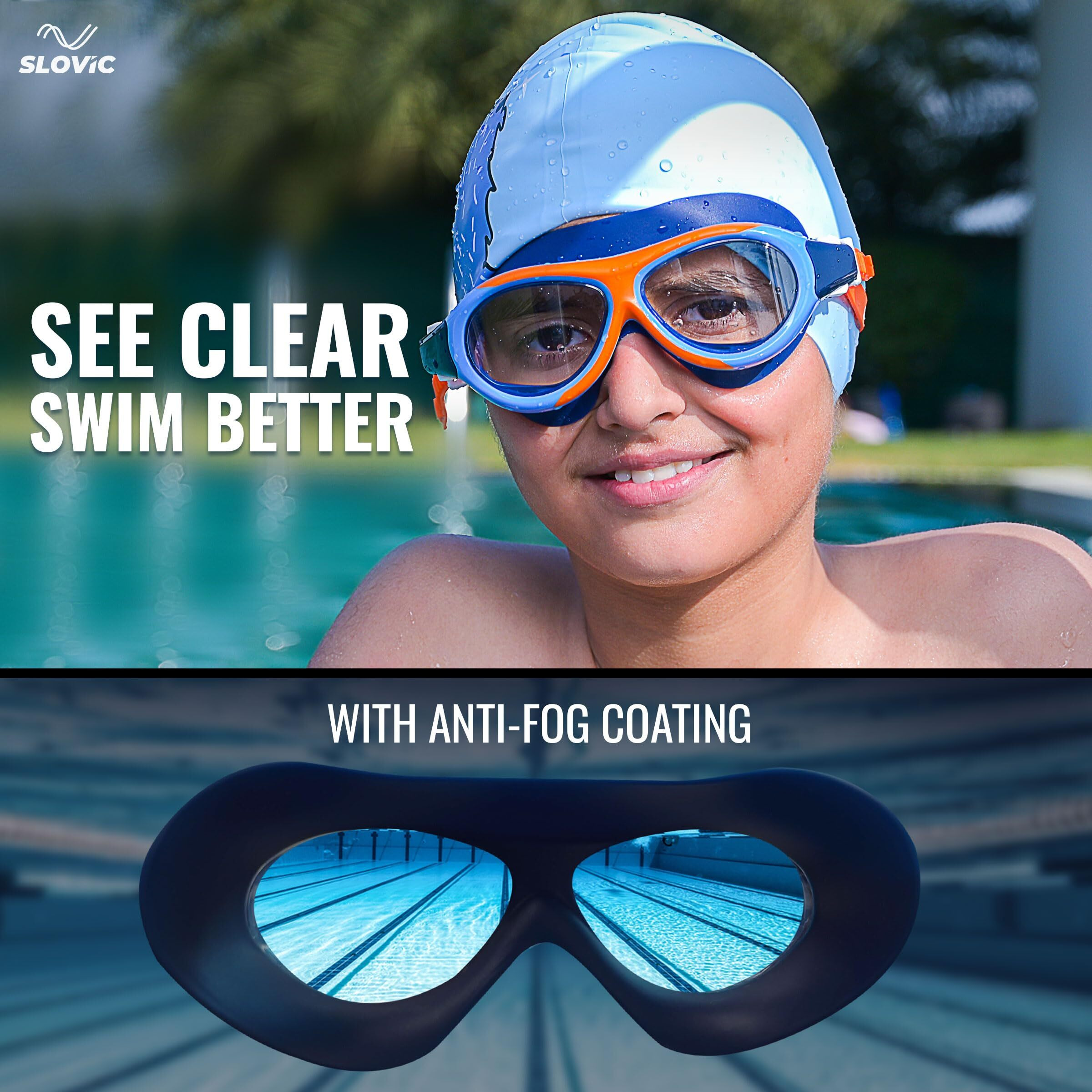 SLOVIC Orange Goggles with Blue Bear Printed Swimming Caps for Kids | Waterproof | Anti-Fog Glasses | Perfect Fit for Boys & Girl | Swimming Caps for Kids 6-14 | No Hair Pulling | Free Size Cap