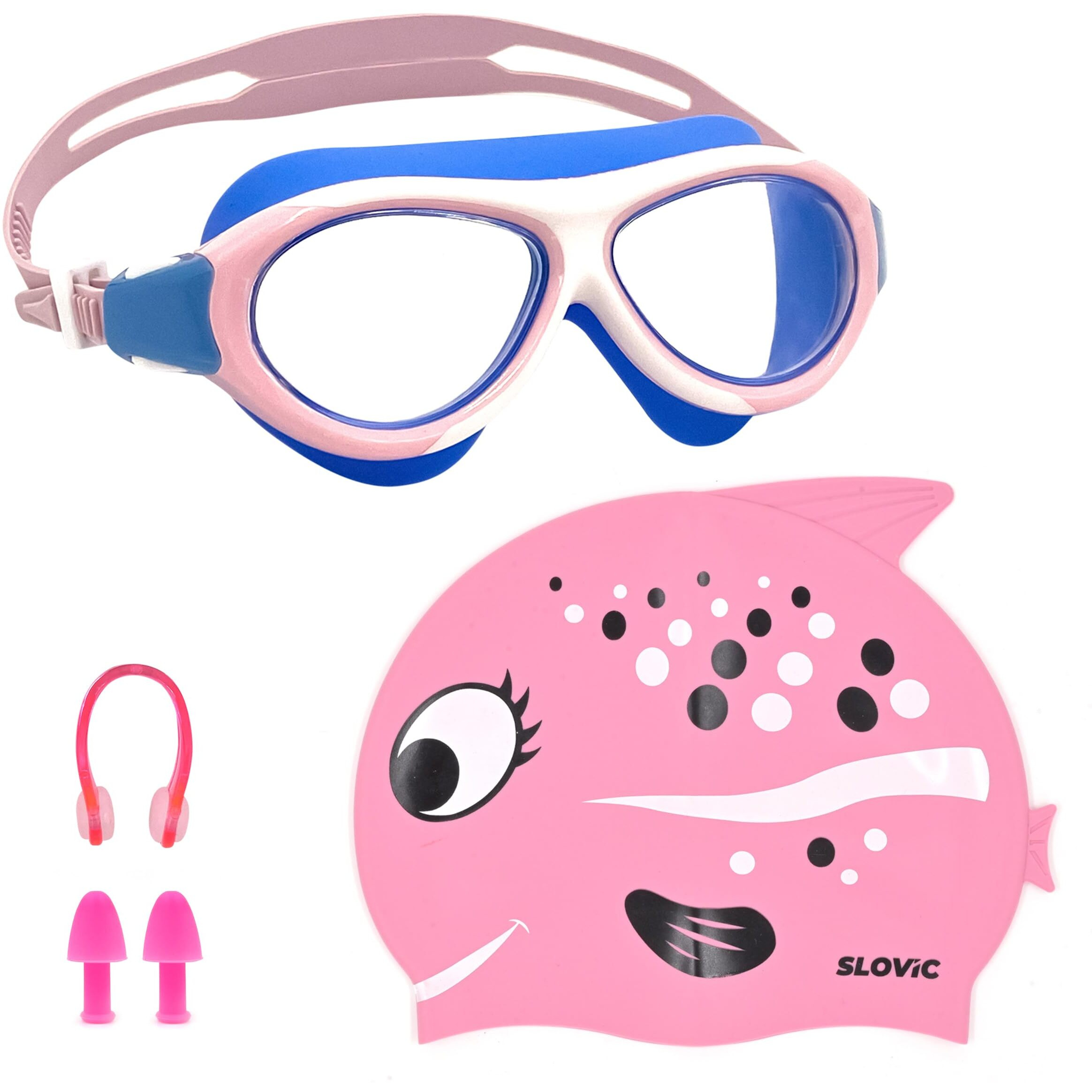 SLOVIC Pink Swimming Goggles & Red Rose Fish Printed Swimming Caps for Kids | Waterproof | Anti-Fog Glasses | Perfect Fit for Boys & Girl | Swimming Caps for Kids 6-14 | No Hair Pulling, Free Size Cap