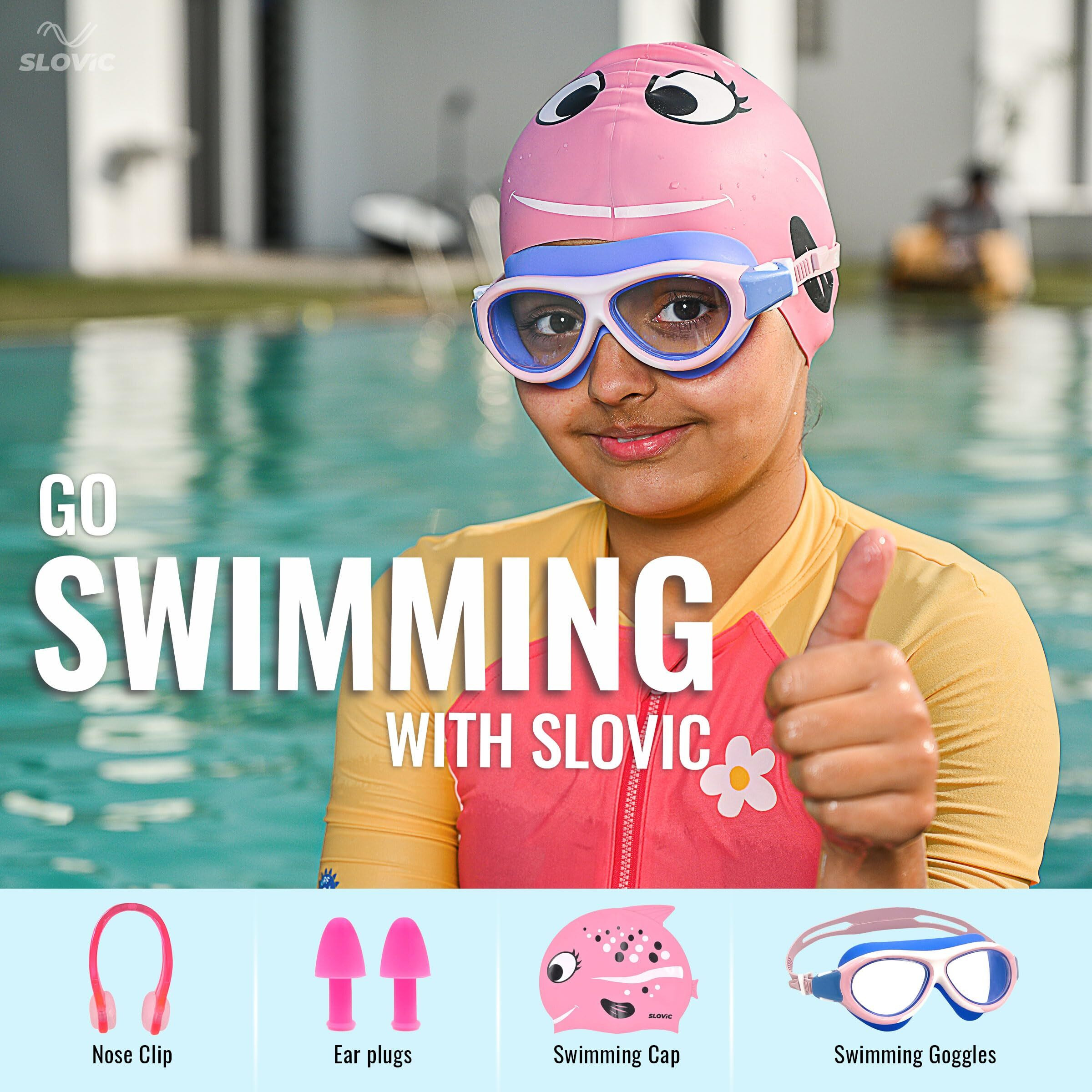 SLOVIC Pink Swimming Goggles & Red Rose Fish Printed Swimming Caps for Kids | Waterproof | Anti-Fog Glasses | Perfect Fit for Boys & Girl | Swimming Caps for Kids 6-14 | No Hair Pulling, Free Size Cap
