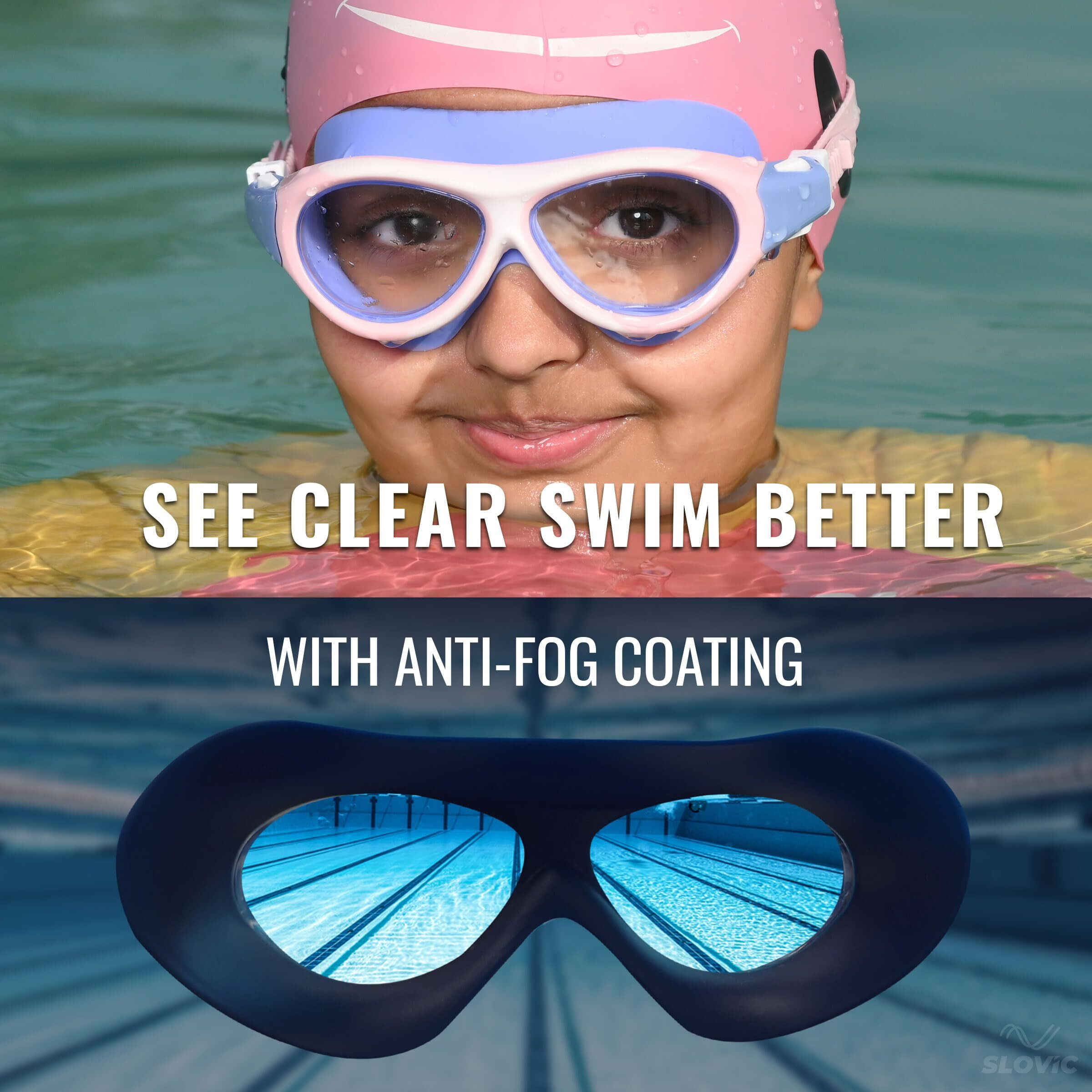 SLOVIC Pink Swimming Goggles & Red Rose Fish Printed Swimming Caps for Kids | Waterproof | Anti-Fog Glasses | Perfect Fit for Boys & Girl | Swimming Caps for Kids 6-14 | No Hair Pulling, Free Size Cap