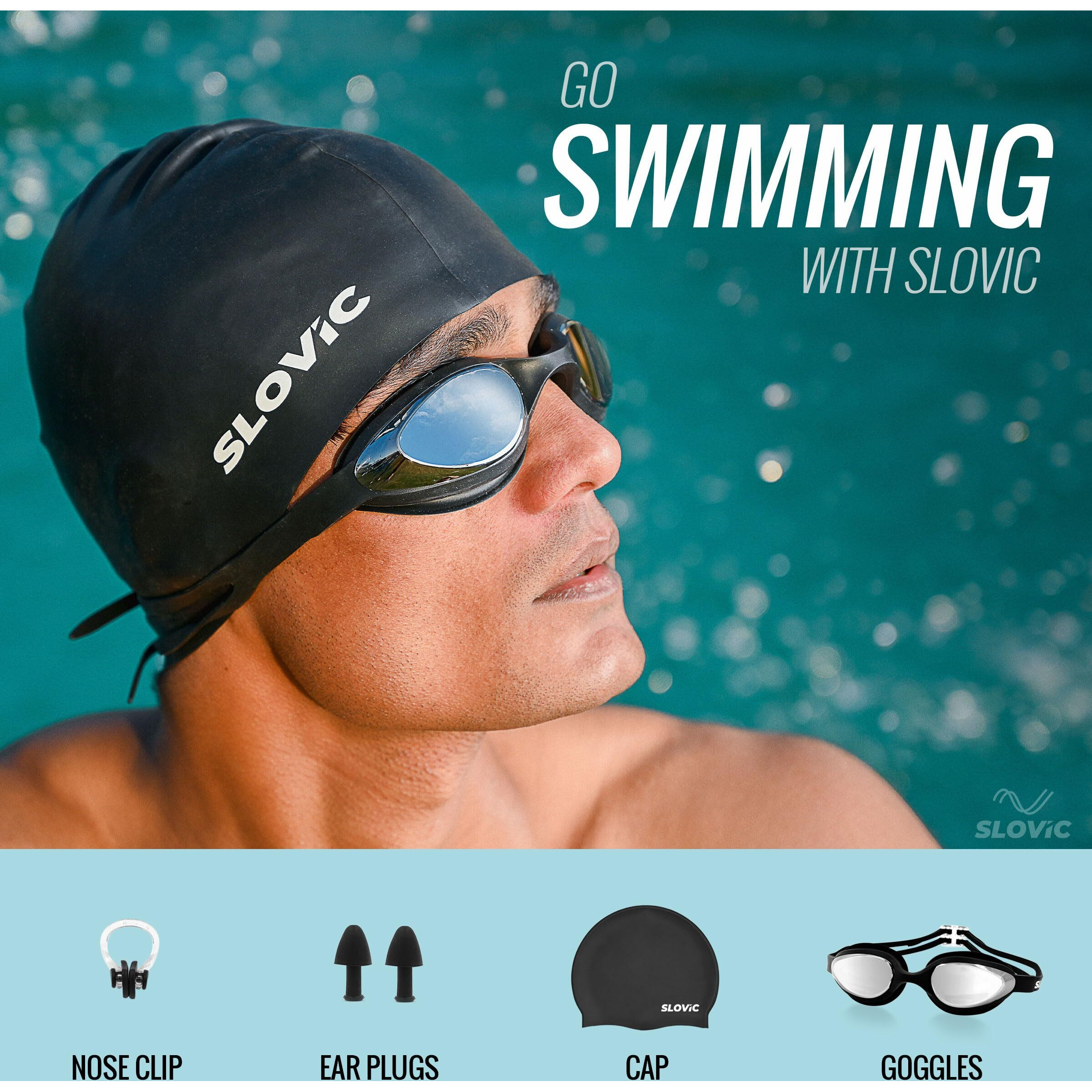 SLOVIC Black Swimming Goggles & Black Swimming Caps for Men & Women with Silicon Nose Bridge | Waterproof | Free Size Cap, UV-Protected Anti-Fog Glasses, Adjustable Strap with Ear Plugs & Nose Clip