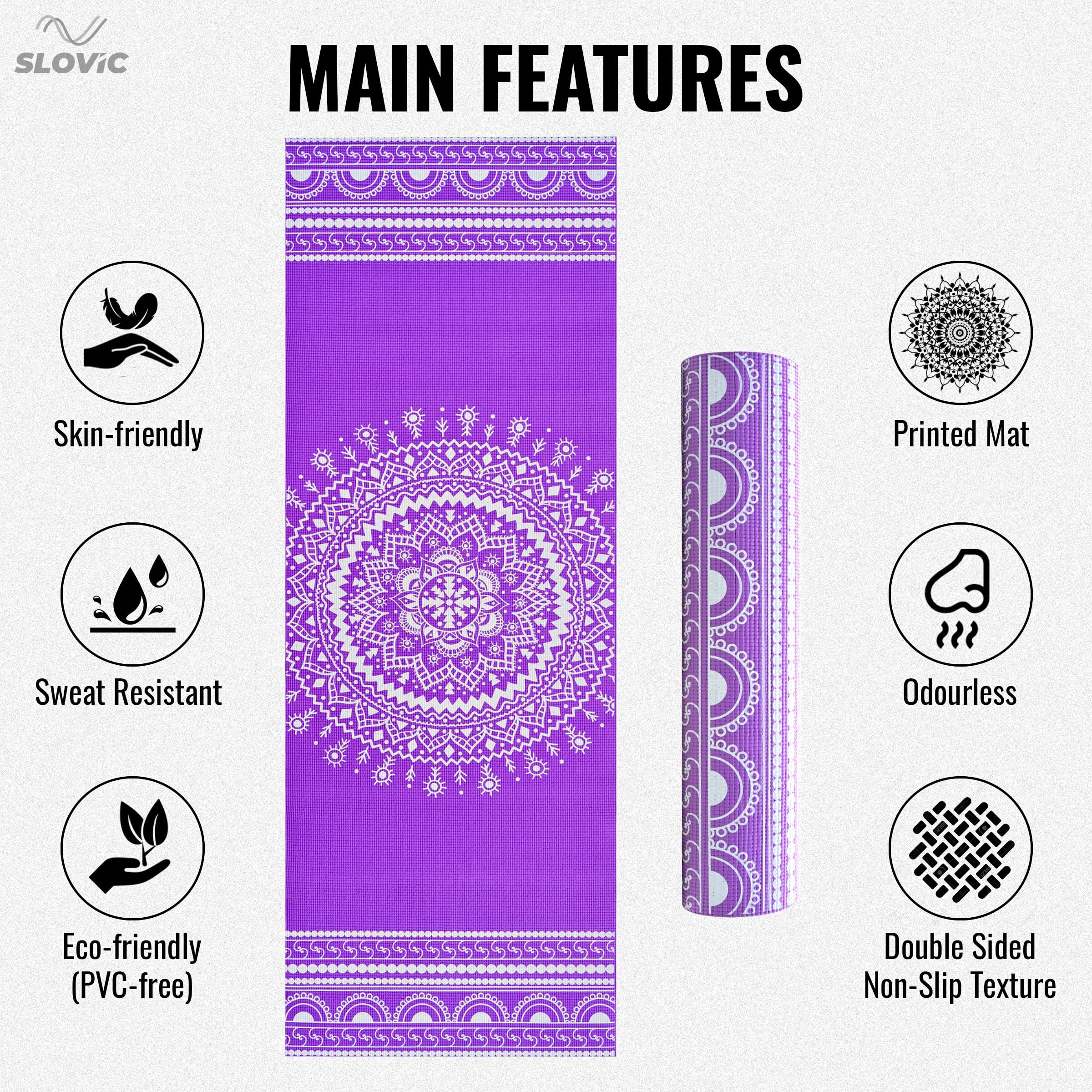 Printed Yoga Mat for Women by SLOVIC | Exercise Mat for Home | Yoga Mat for Men || ANTI SLIP || Yoga Mat & Gym Mat | Workout Mat For Kids | Gym Mats for Indoor Excercise | PVC Purple Yoga Mat 6mm Thick
