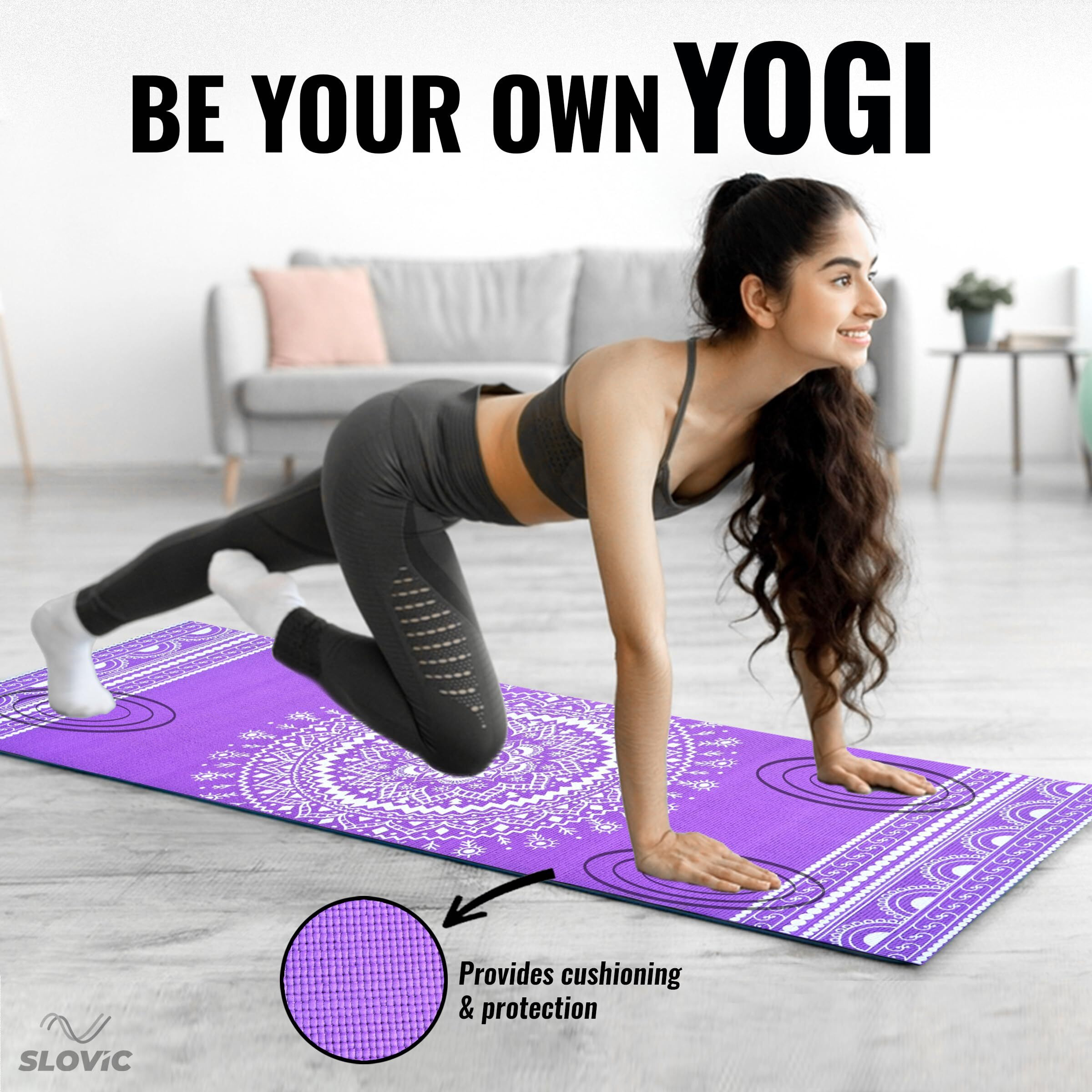 Printed Yoga Mat for Women by SLOVIC | Exercise Mat for Home | Yoga Mat for Men || ANTI SLIP || Yoga Mat & Gym Mat | Workout Mat For Kids | Gym Mats for Indoor Excercise | PVC Purple Yoga Mat 6mm Thick