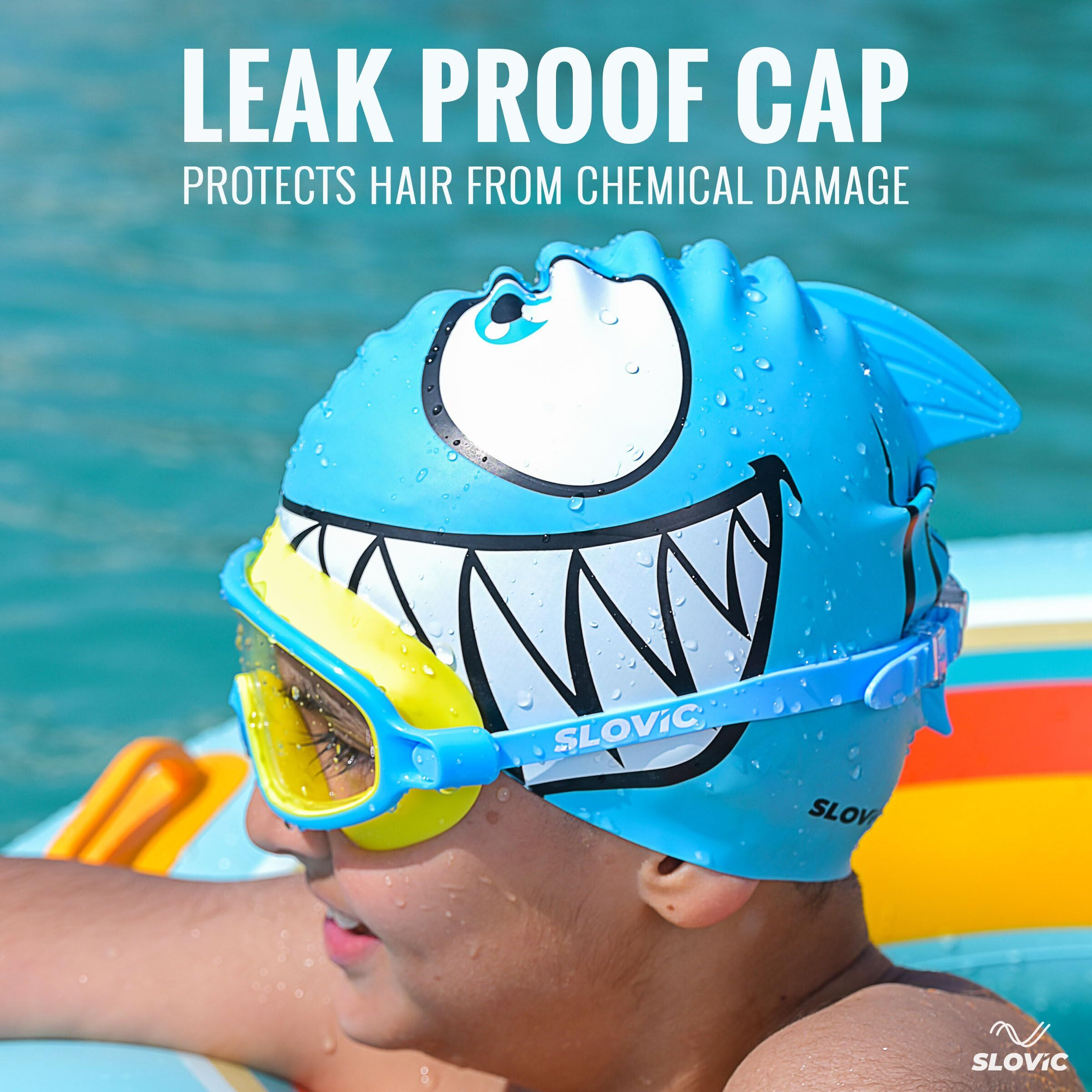 SLOVIC Blue Shark Printed Swimming Caps for Kids | Waterproof Silicone for Boys & Girl | Swimming Caps for Kids 6-14 | No Hair Pulling | Free Size Swimming Caps for Kids