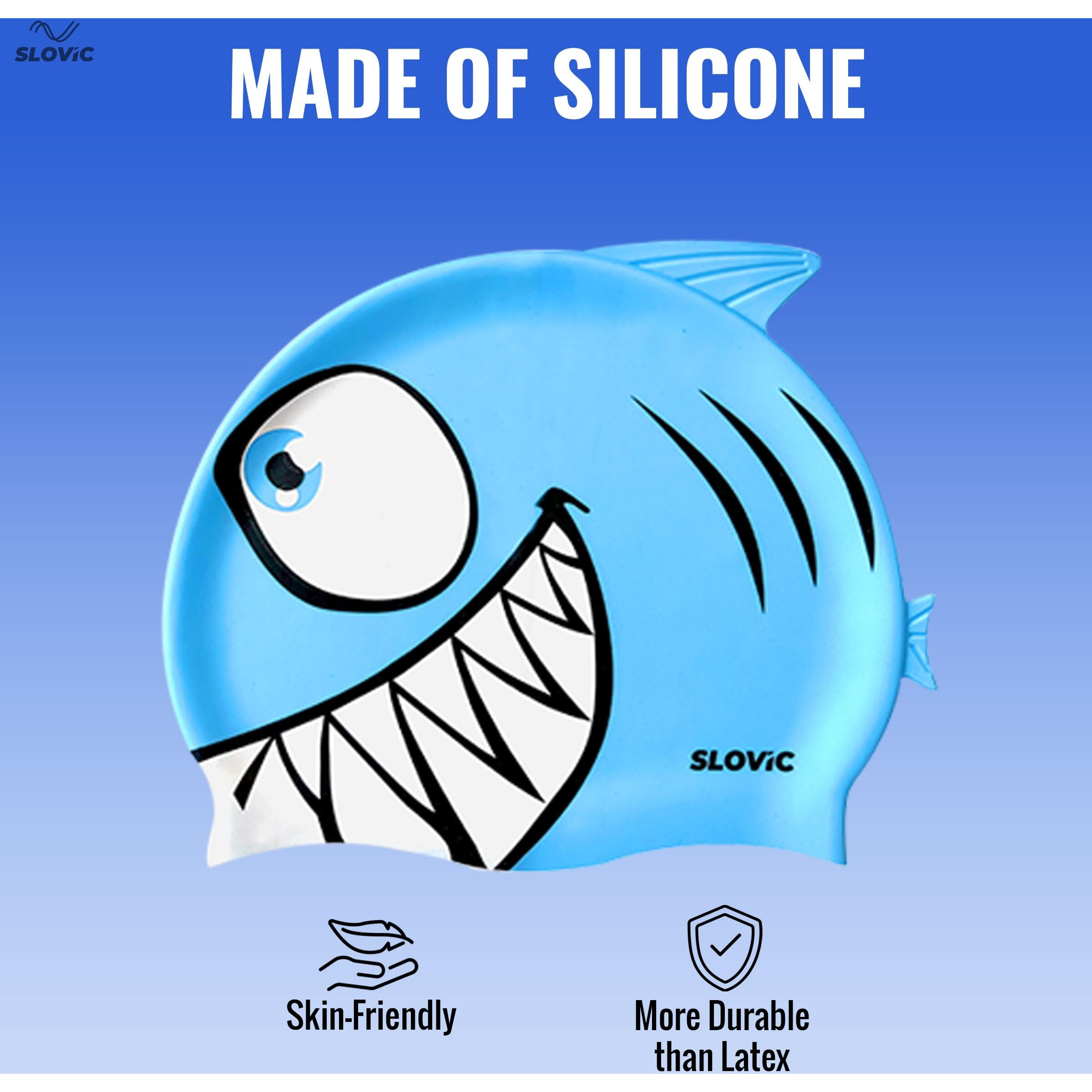 SLOVIC Blue Shark Printed Swimming Caps for Kids | Waterproof Silicone for Boys & Girl | Swimming Caps for Kids 6-14 | No Hair Pulling | Free Size Swimming Caps for Kids