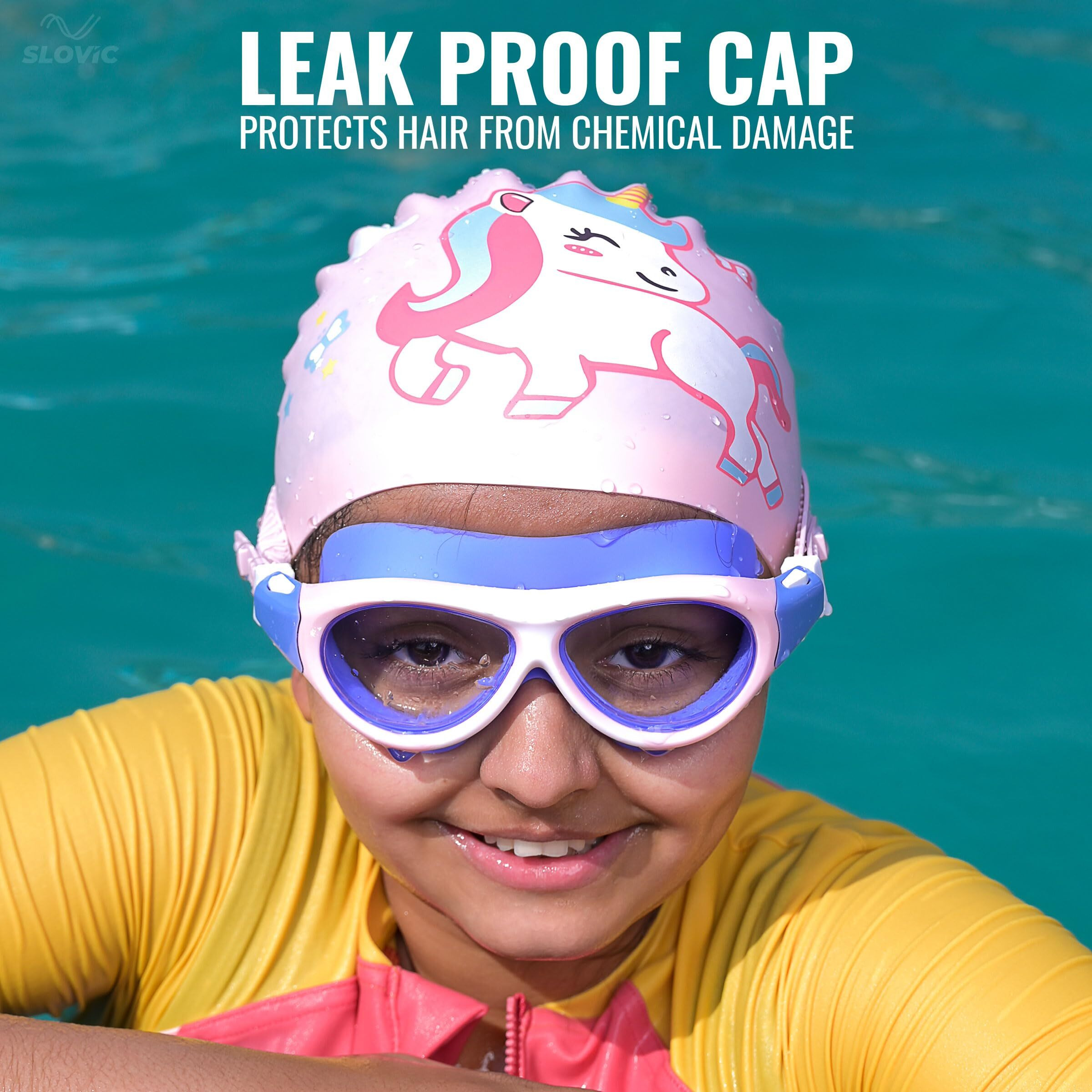 SLOVIC Pink Unicorn Printed Swimming Caps for Kids | Waterproof Silicone for Boys & Girl | Swimming Caps for Kids 6-14 | No Hair Pulling | Free Size Swimming Caps for Kids