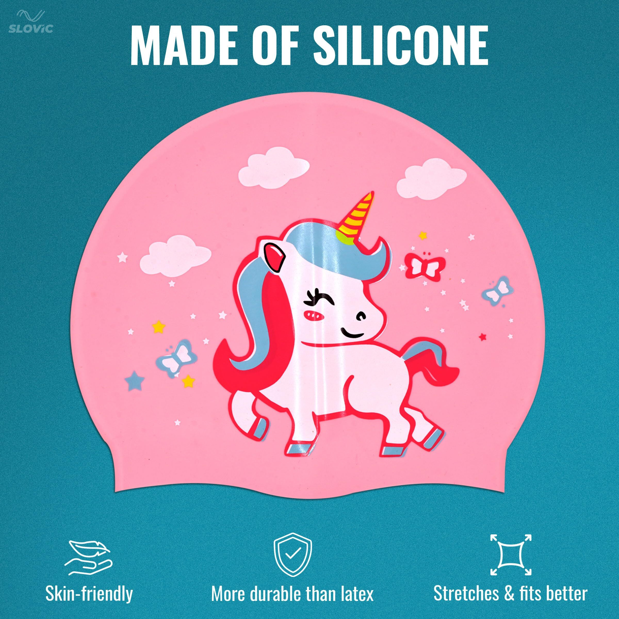 SLOVIC Pink Unicorn Printed Swimming Caps for Kids | Waterproof Silicone for Boys & Girl | Swimming Caps for Kids 6-14 | No Hair Pulling | Free Size Swimming Caps for Kids