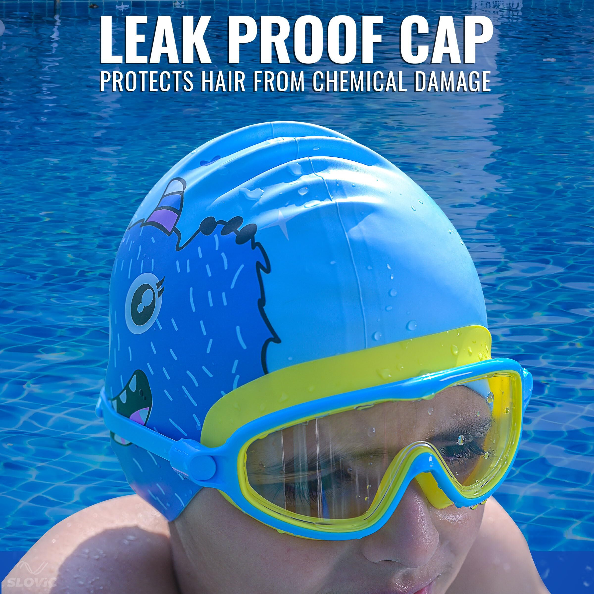SLOVIC Blue Bear Printed Swimming Caps for Kids | Waterproof Silicone for Boys & Girl | Swimming Caps for Kids 6-14 | No Hair Pulling | Free Size Swimming Caps for Kids