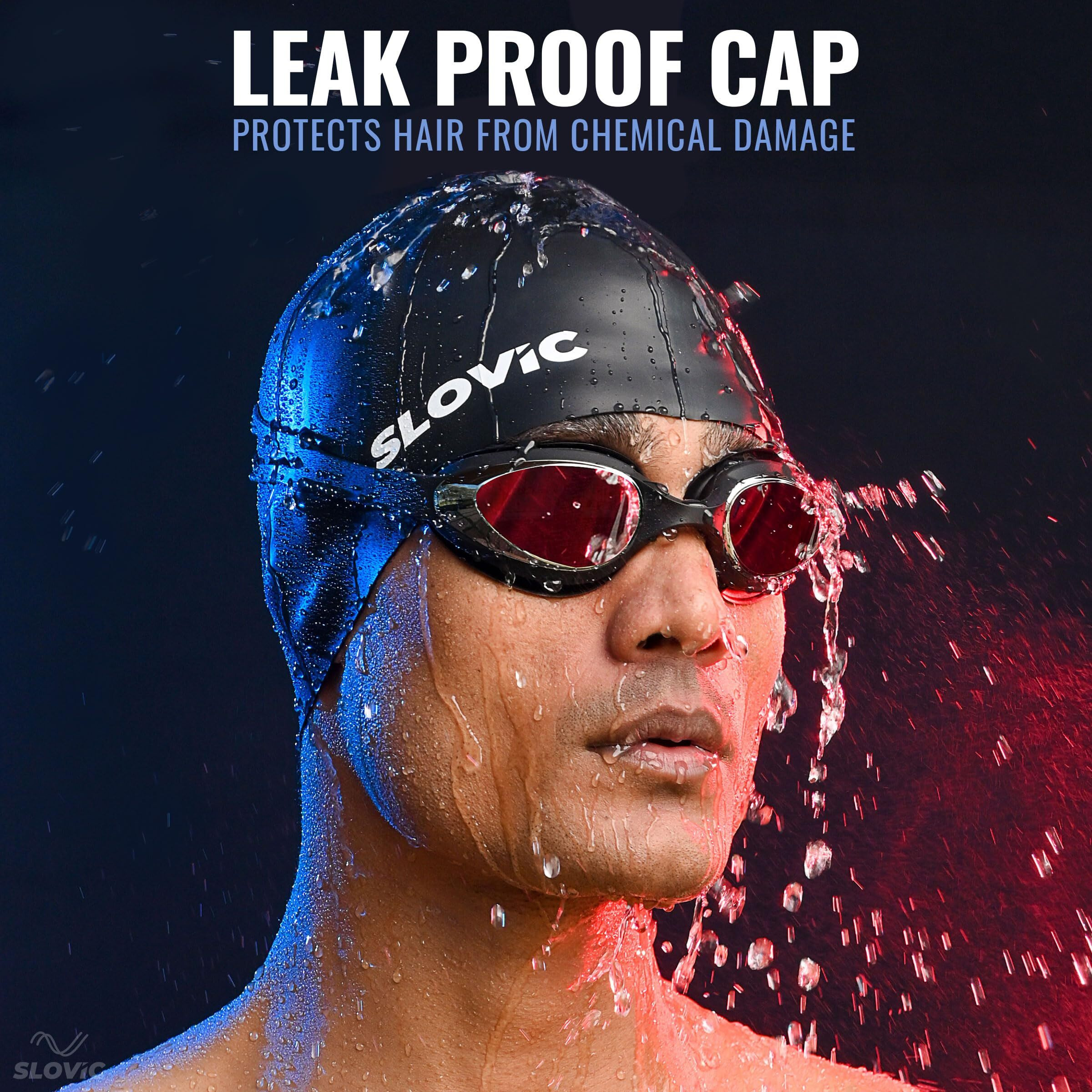 SLOVIC Black Swimming Caps for Men and Women with Long Hair | Waterproof Cap for Swimming Silicone | Free-Size for Great Fit | No Hair Pulling | Prevents Chemical Damage